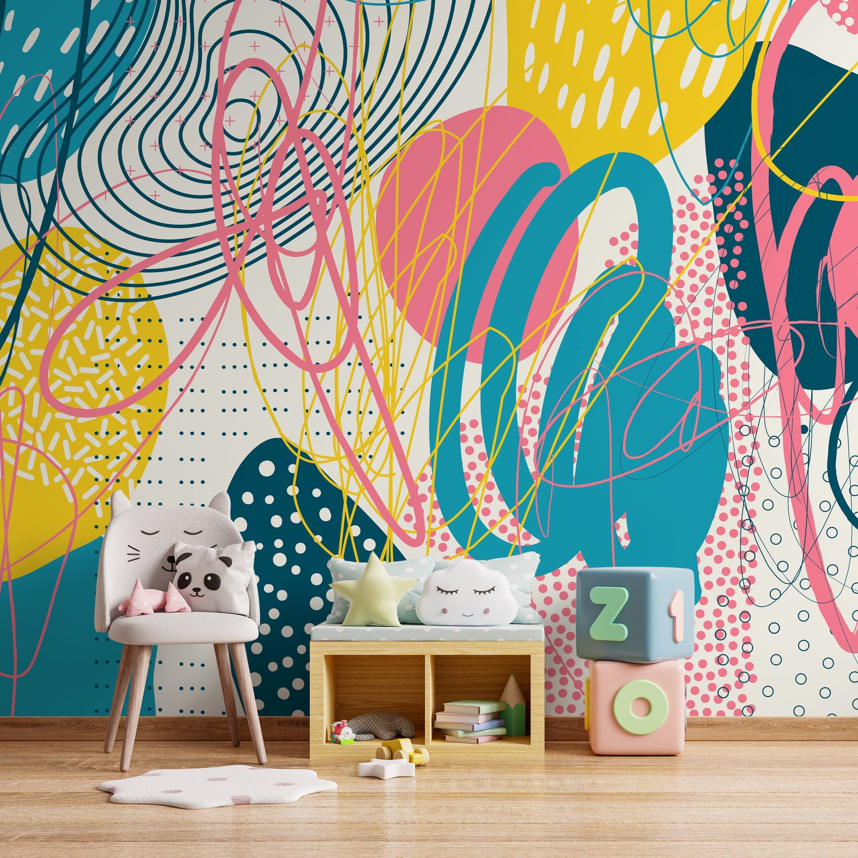 Abstract Wallpaper With Memphis Style Doodles In Teal, Yellow, And Pink - D994