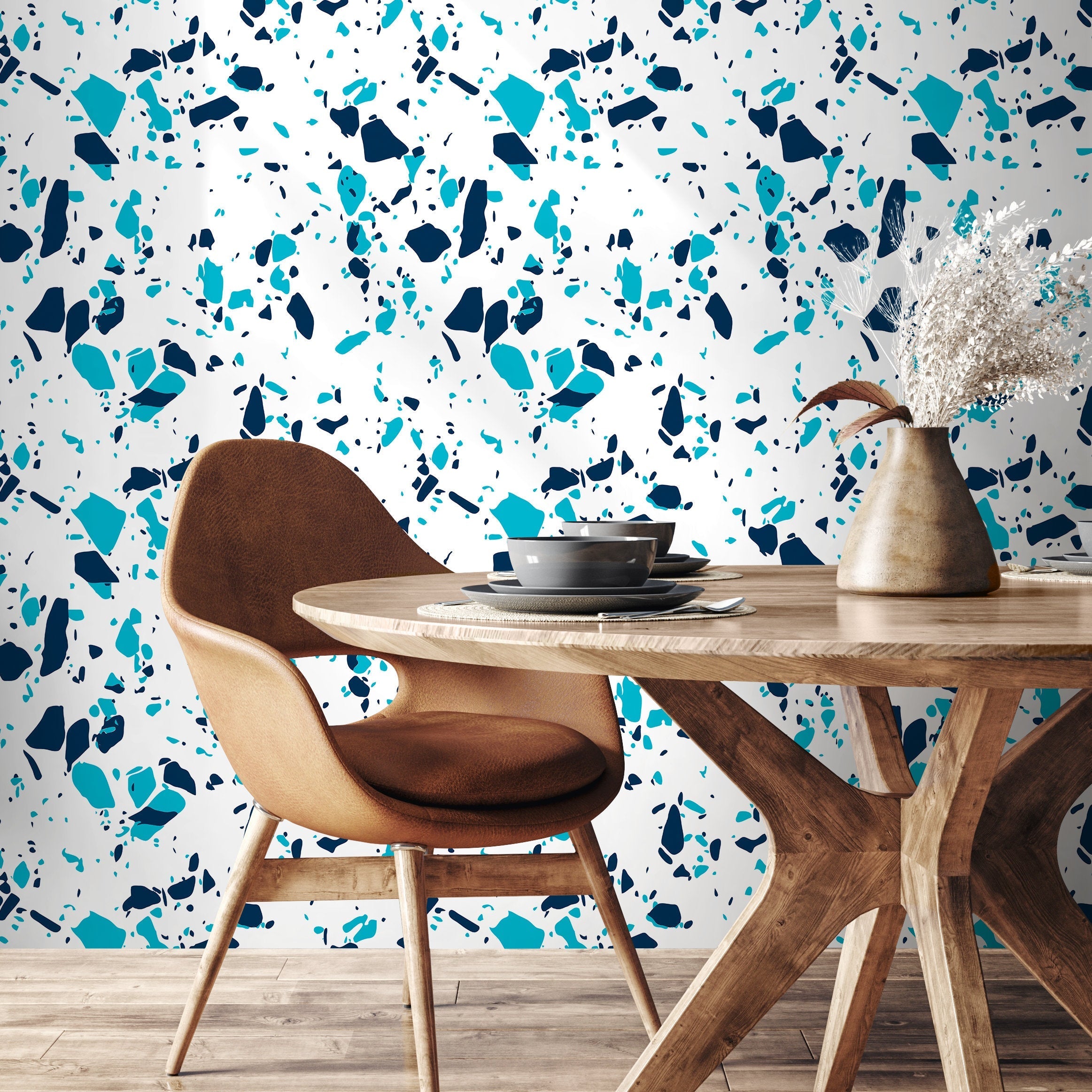 Terrazzo Wallpaper With Abstract Stone Chips In Navy And Turquoise - B831