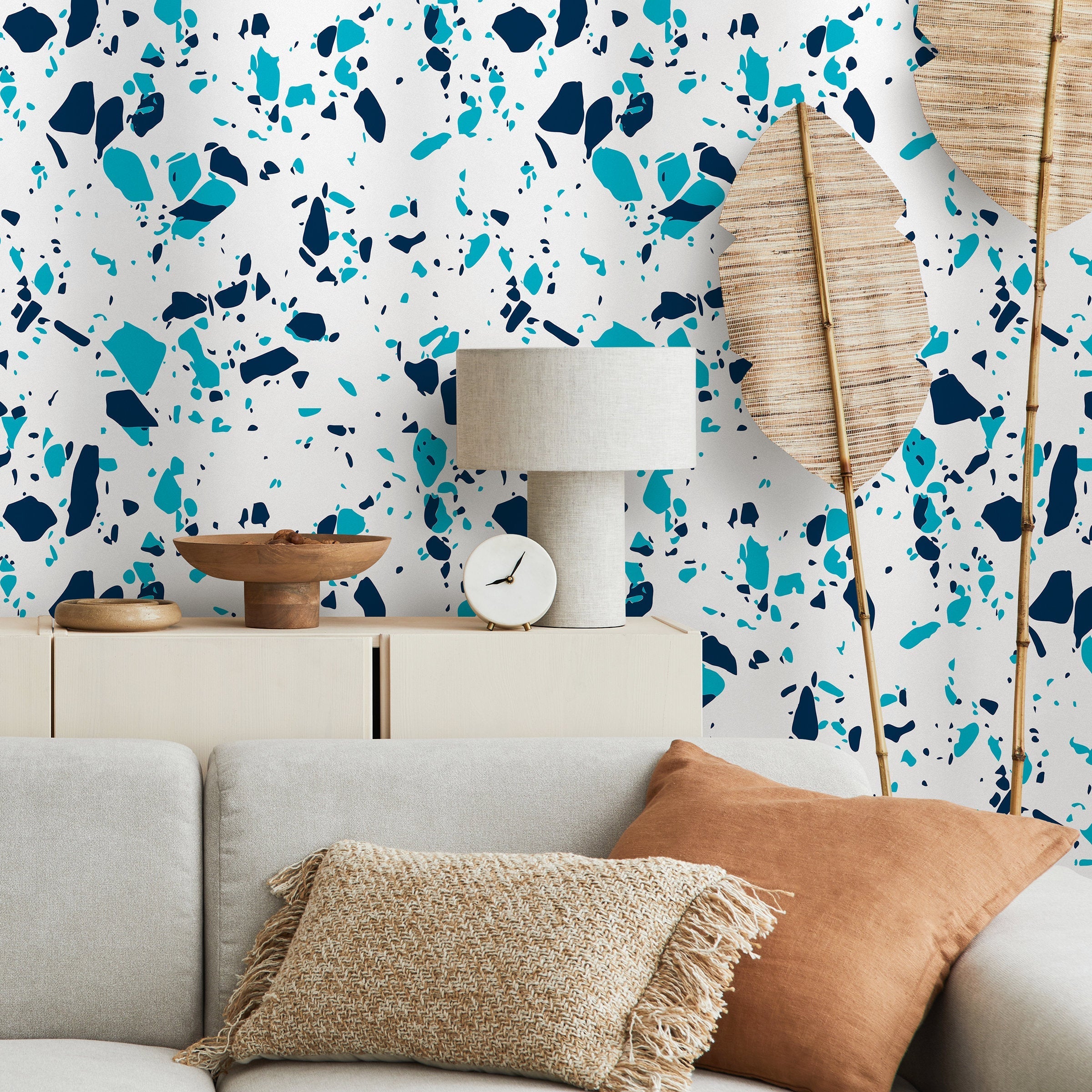 Terrazzo Wallpaper With Abstract Stone Chips In Navy And Turquoise - B831