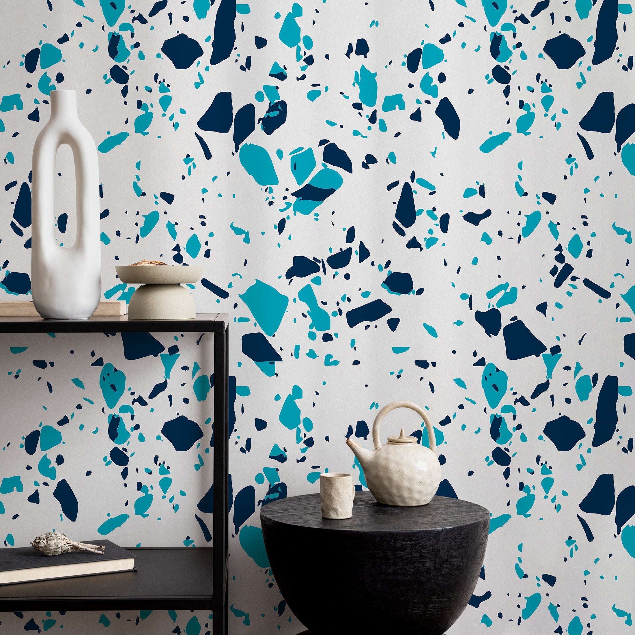 Terrazzo Wallpaper With Abstract Stone Chips In Navy And Turquoise - B831