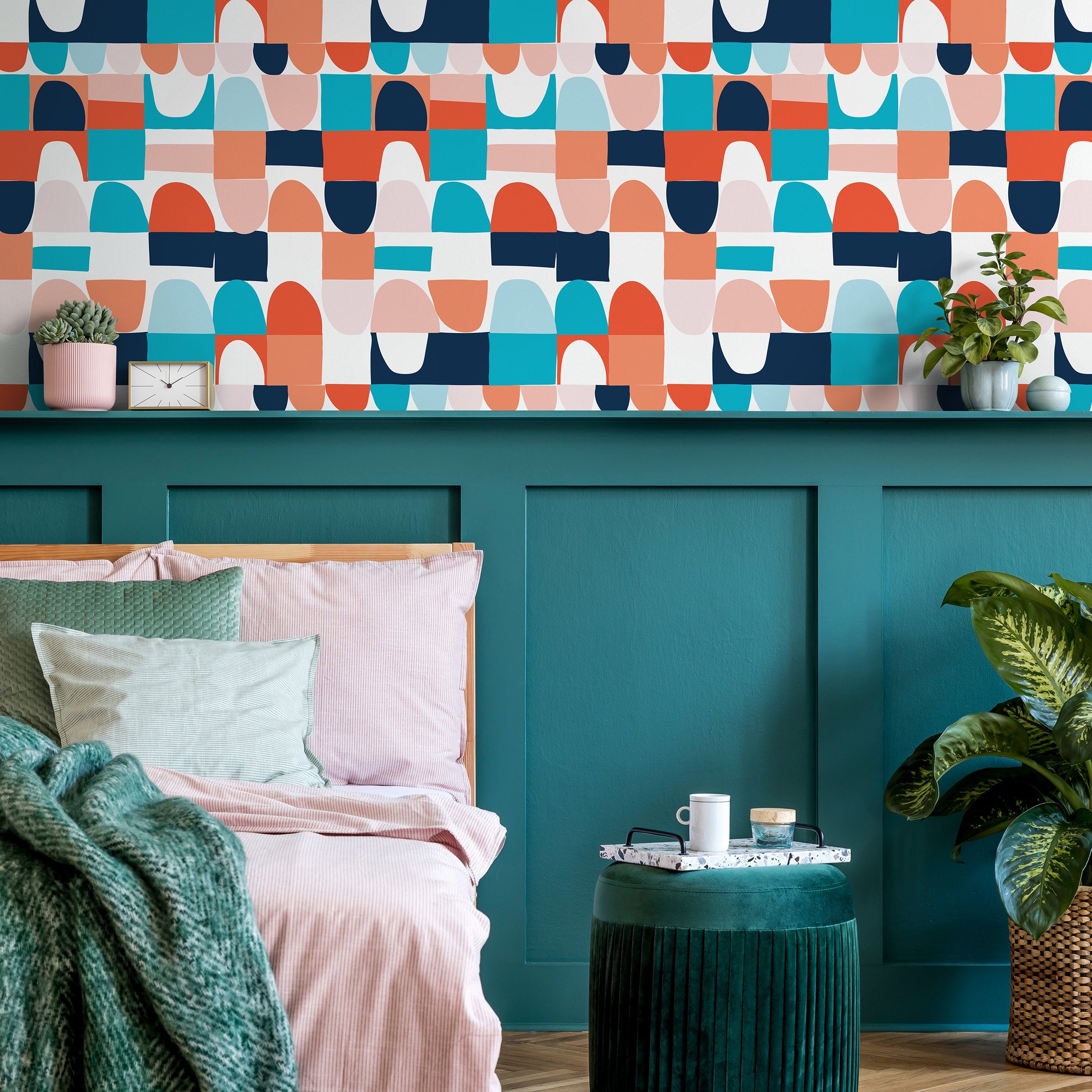 Abstract Wallpaper With A Block Print Motif In Teal, Orange, And Navy Blue - B833