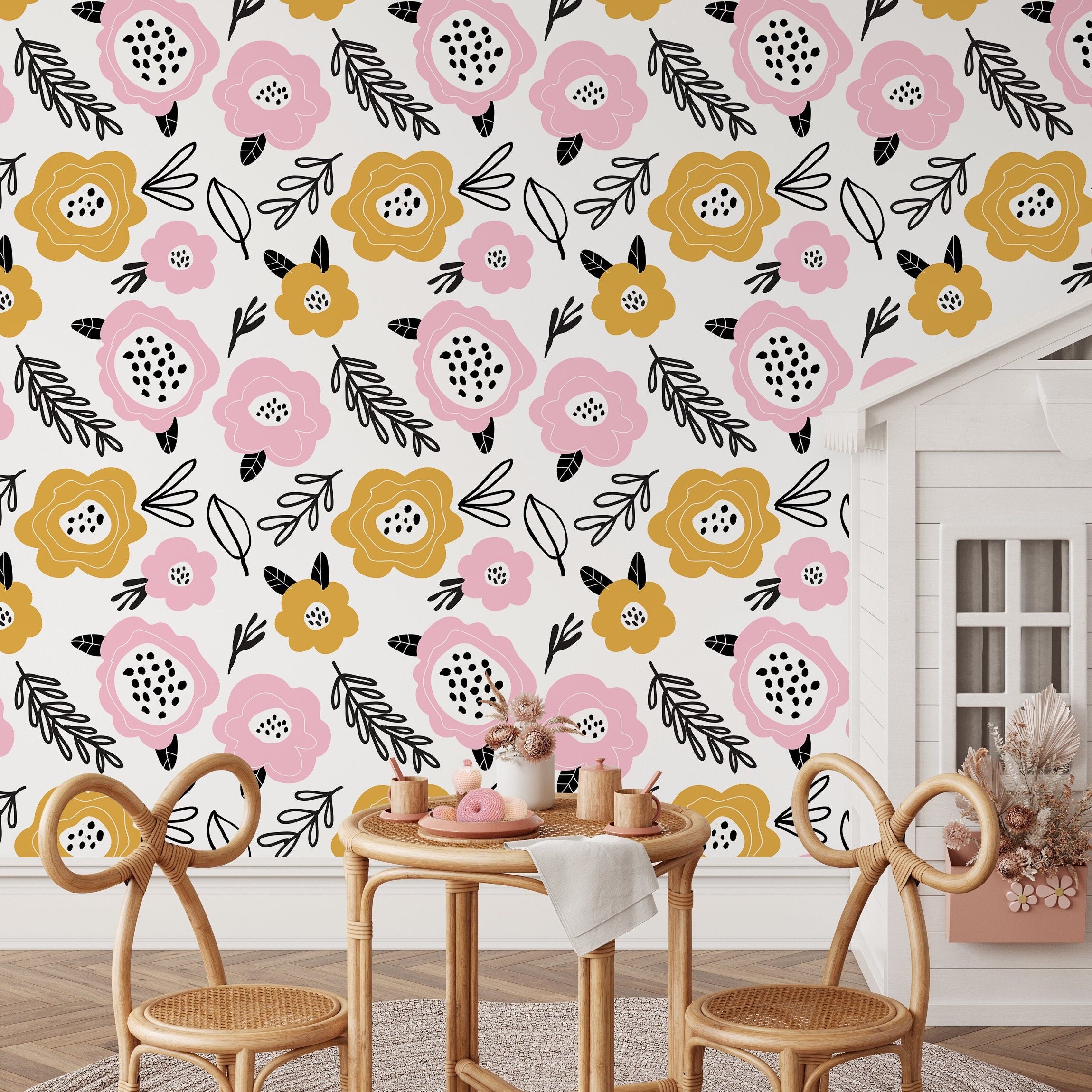 Floral Wallpaper Featuring Stylized Blooms In Pink, Yellow, And Black - B834