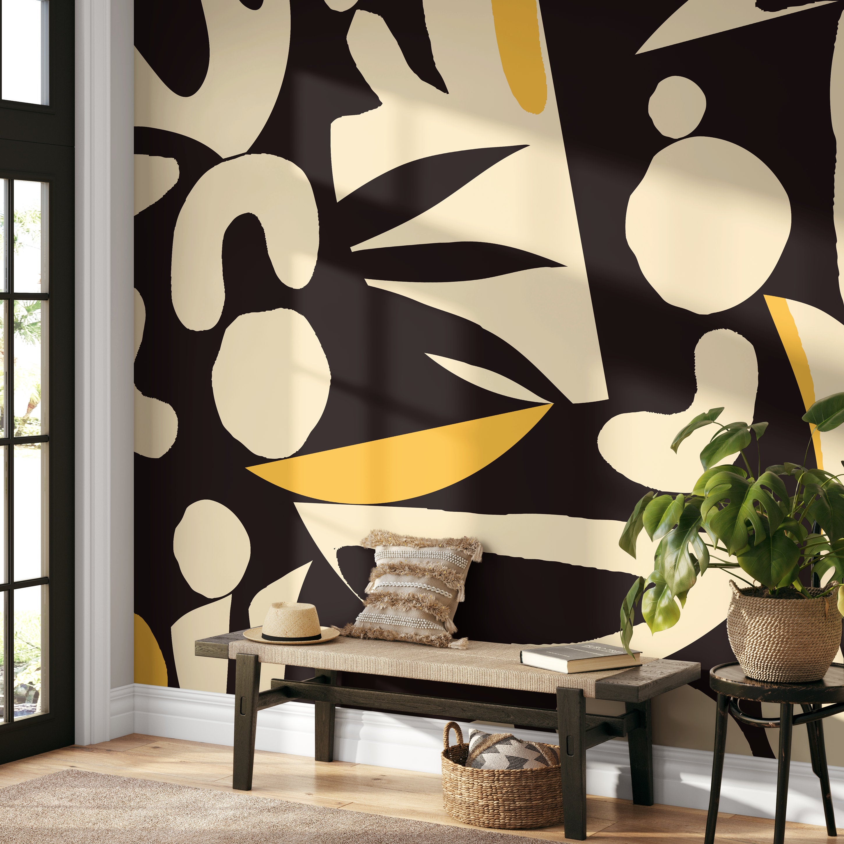Abstract Wallpaper With Bold Organic Shapes In Black, Cream, And Yellow - B851