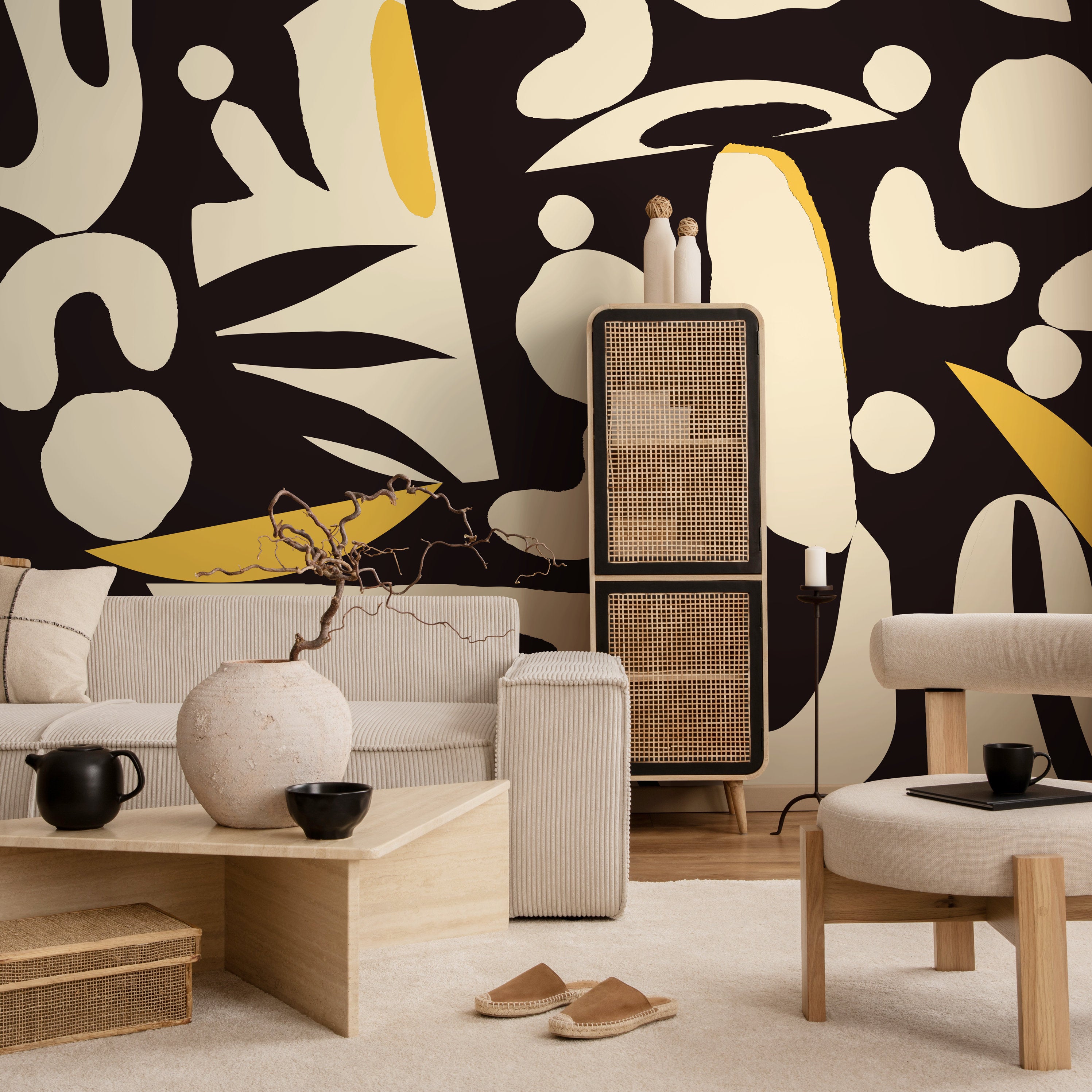 Abstract Wallpaper With Bold Organic Shapes In Black, Cream, And Yellow - B851