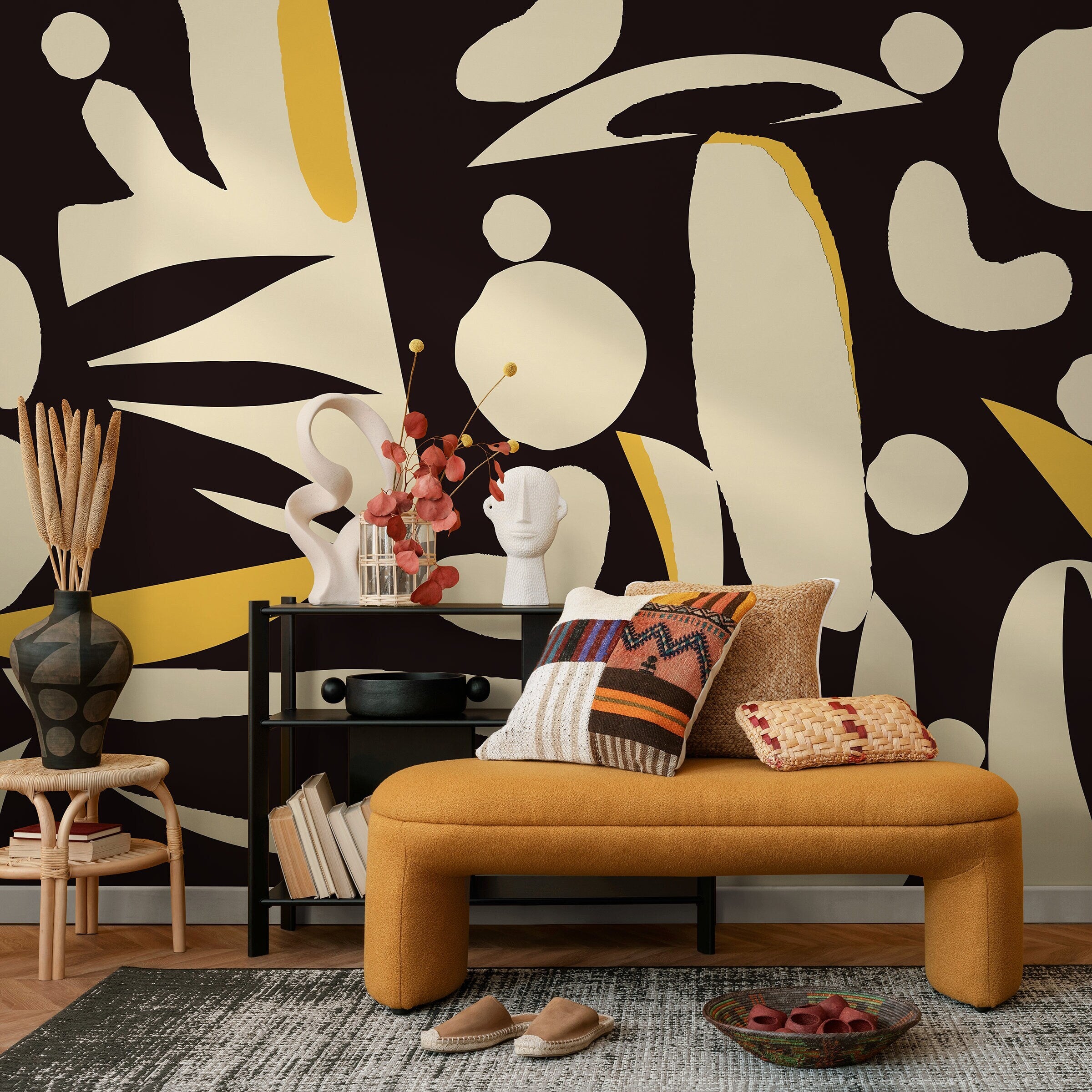 Abstract Wallpaper With Bold Organic Shapes In Black, Cream, And Yellow - B851