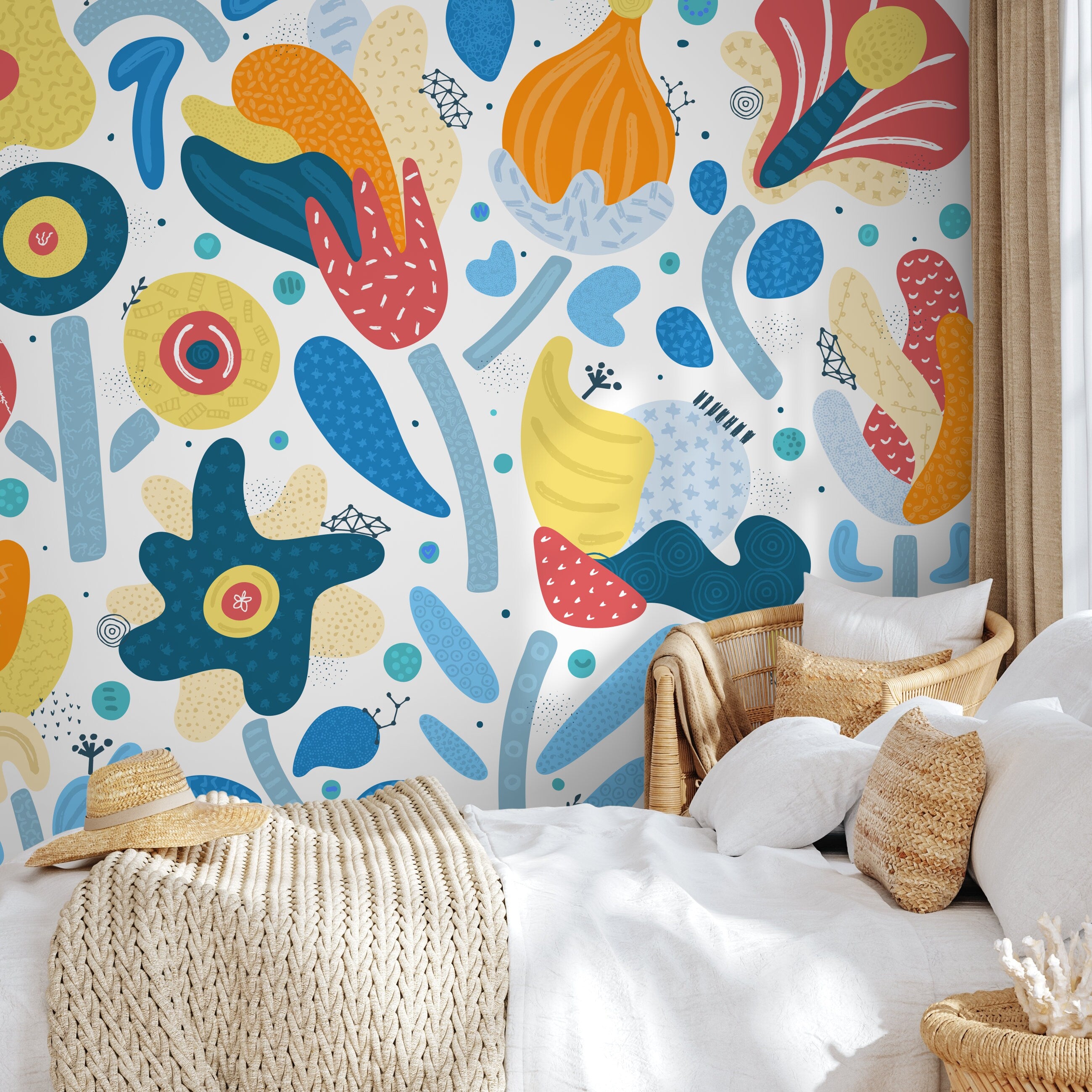 Abstract Wallpaper With Playful Organic Shapes In Blue, Yellow, And Red - B857