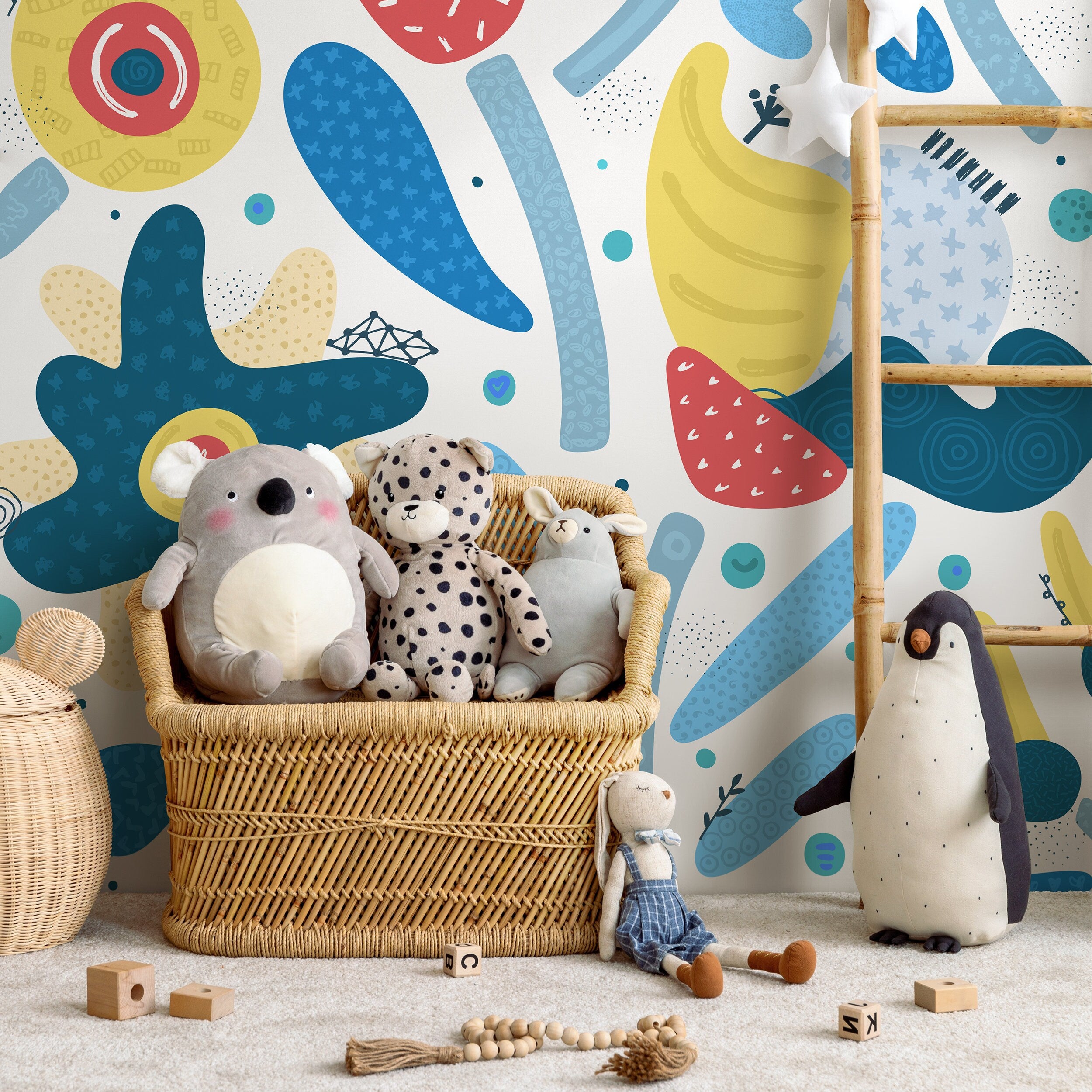 Abstract Wallpaper With Playful Organic Shapes In Blue, Yellow, And Red - B857