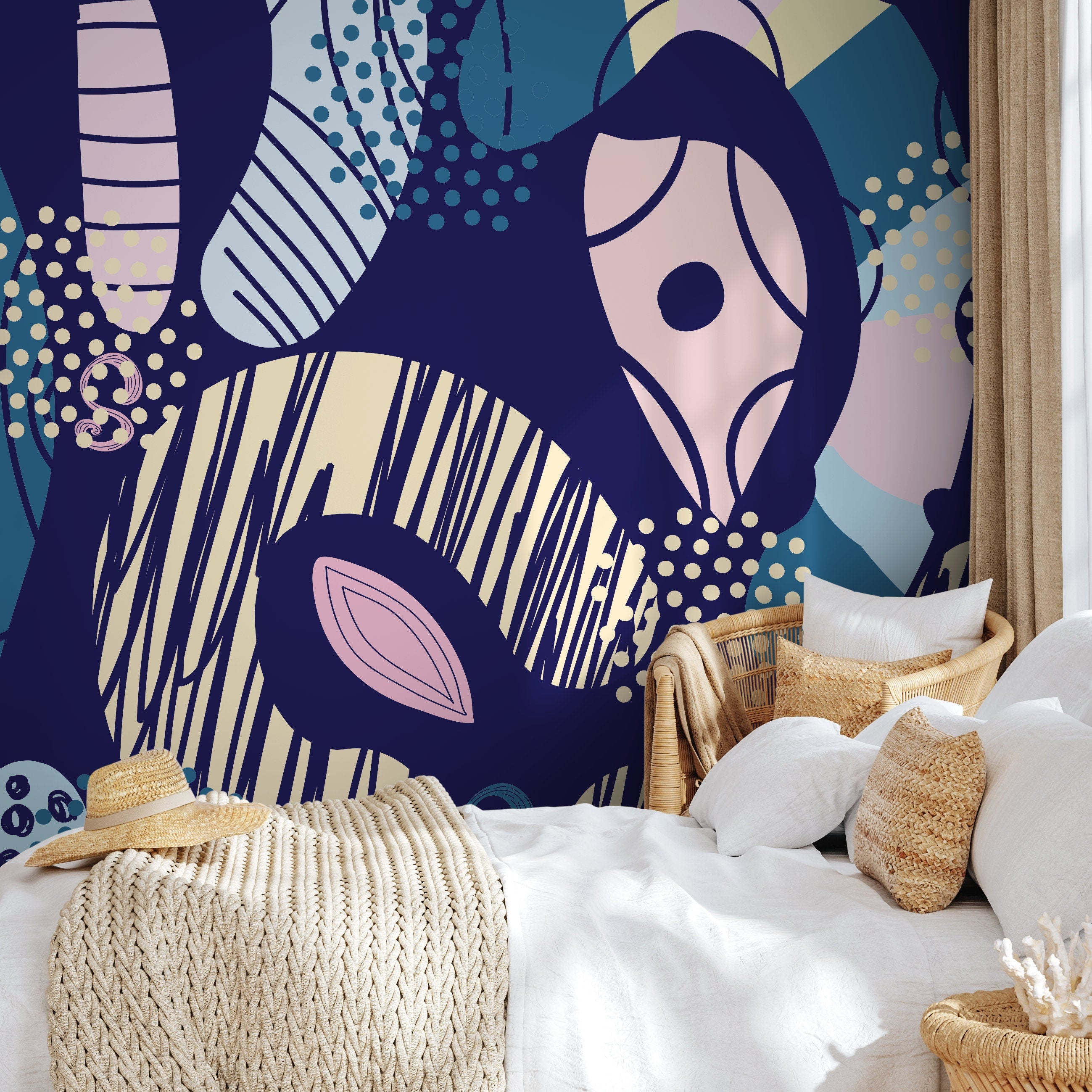 Abstract Wallpaper With Bold Geometric Shapes In Blue, Pink, And Beige - B862