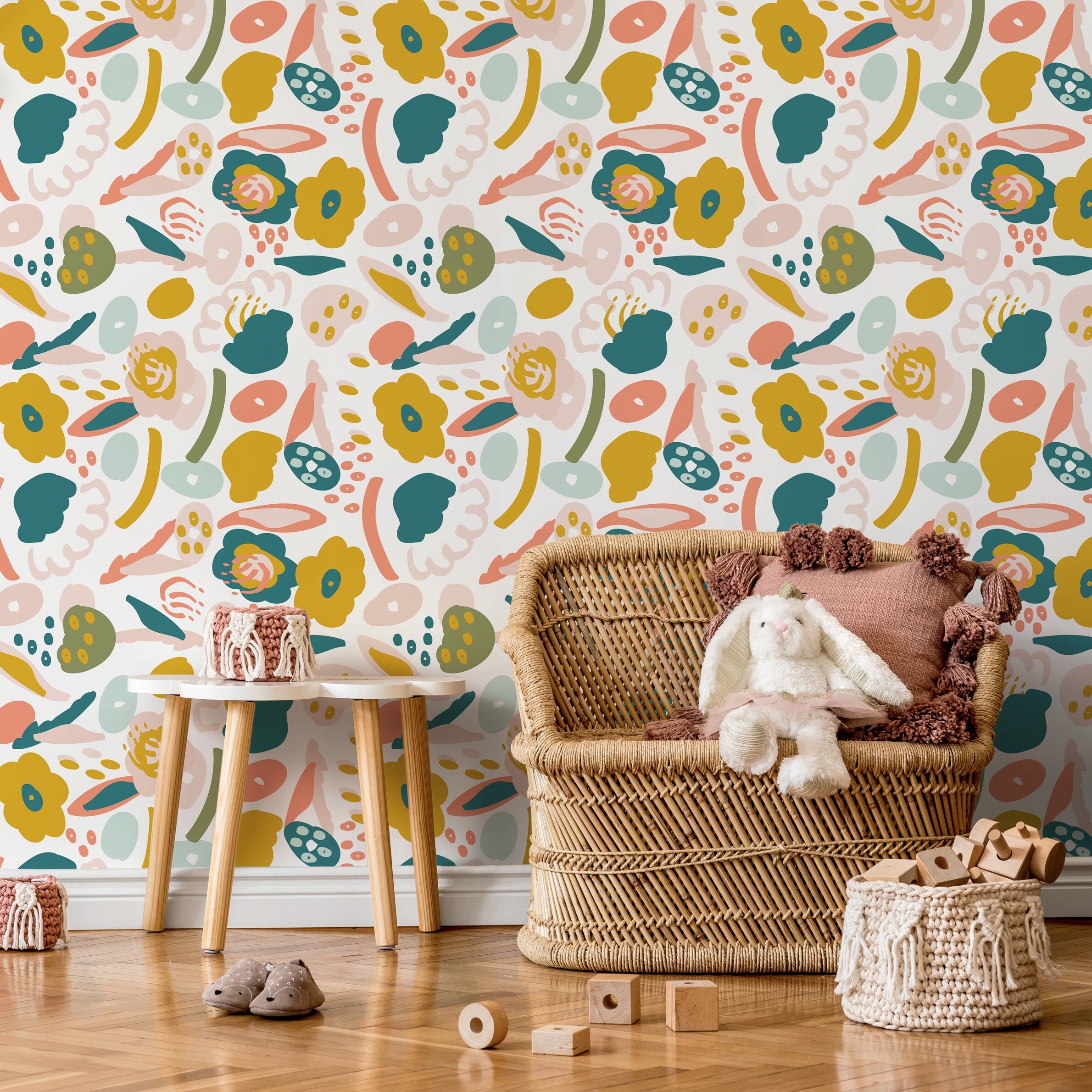 Abstract Wallpaper With A Collage Of Playful Shapes In Teal, Mustard, And Pink - B866