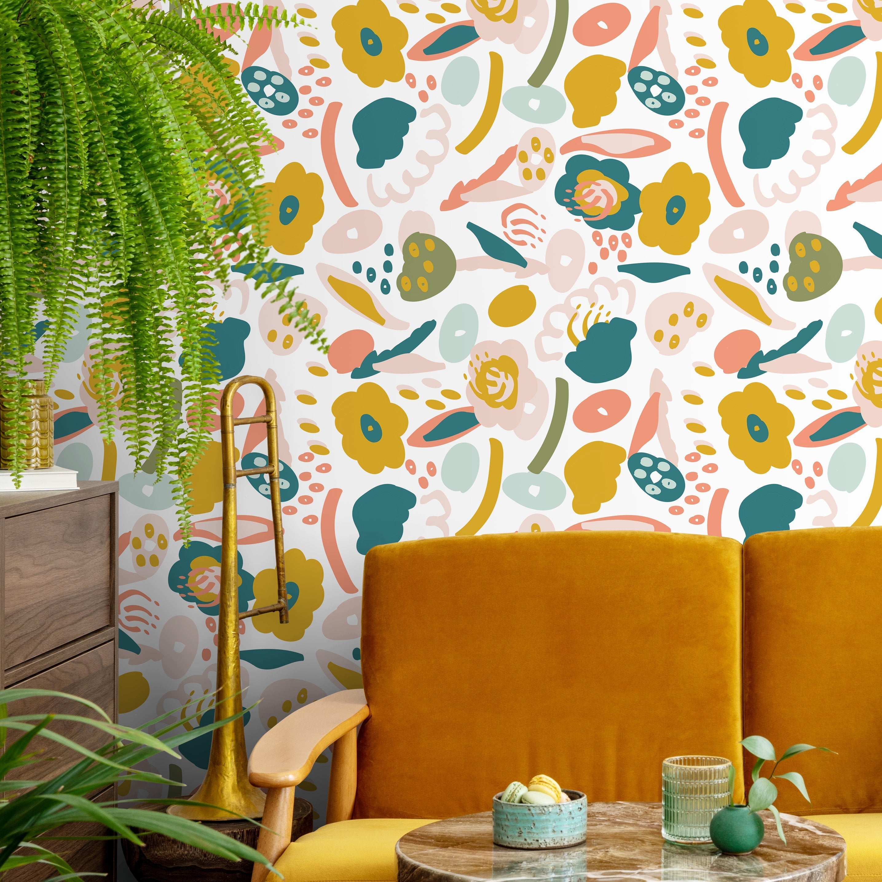 Abstract Wallpaper With A Collage Of Playful Shapes In Teal, Mustard, And Pink - B866