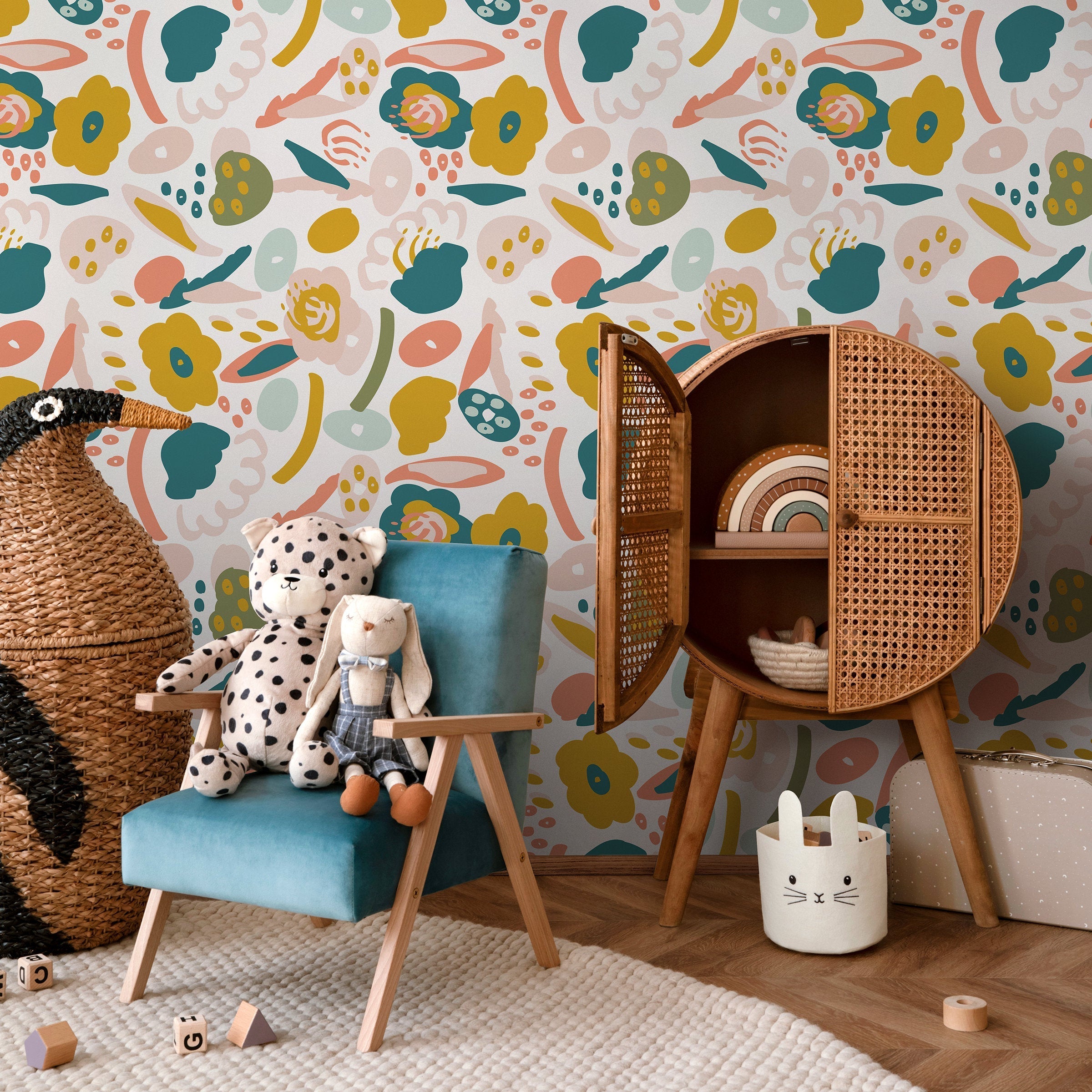 Abstract Wallpaper With A Collage Of Playful Shapes In Teal, Mustard, And Pink - B866