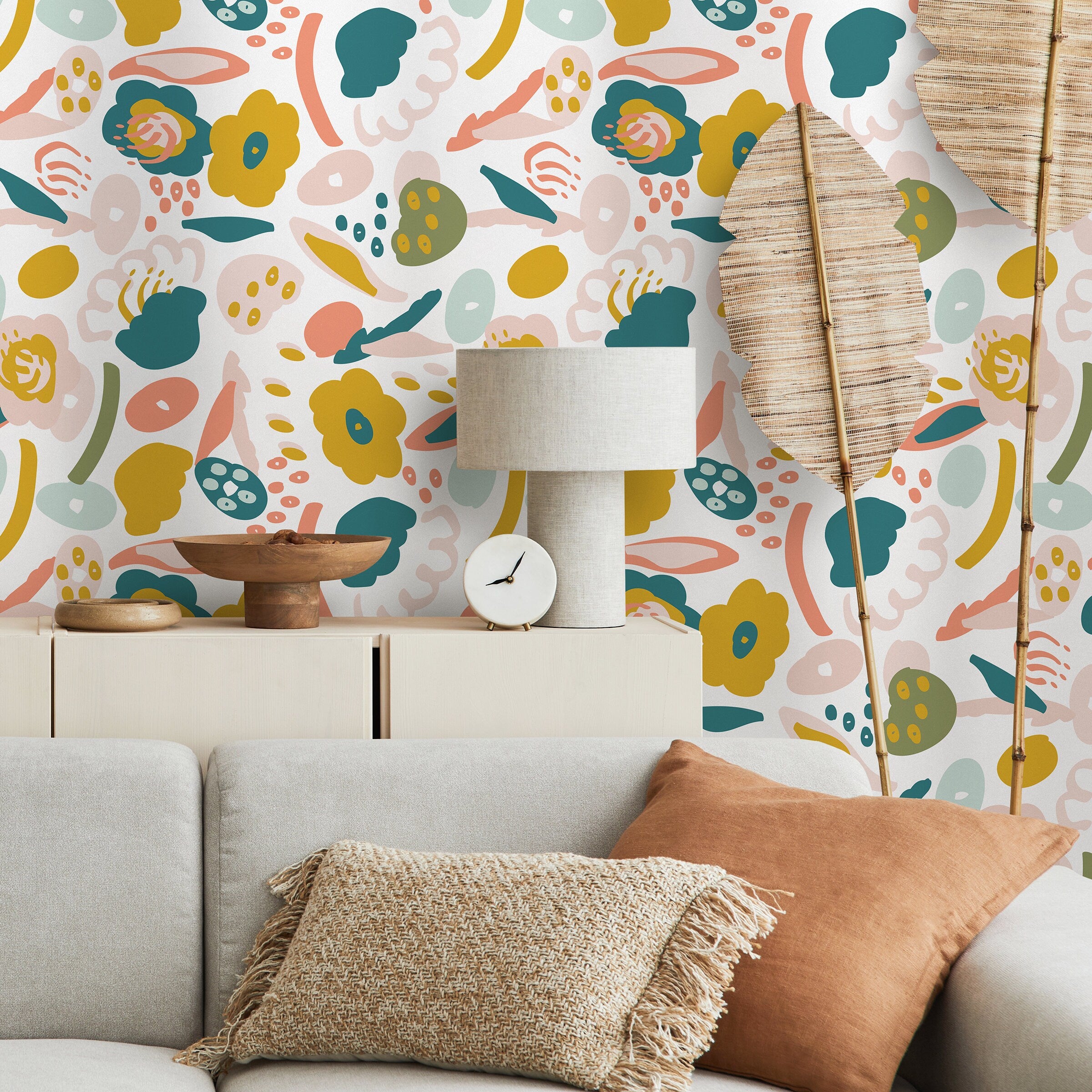 Abstract Wallpaper With A Collage Of Playful Shapes In Teal, Mustard, And Pink - B866