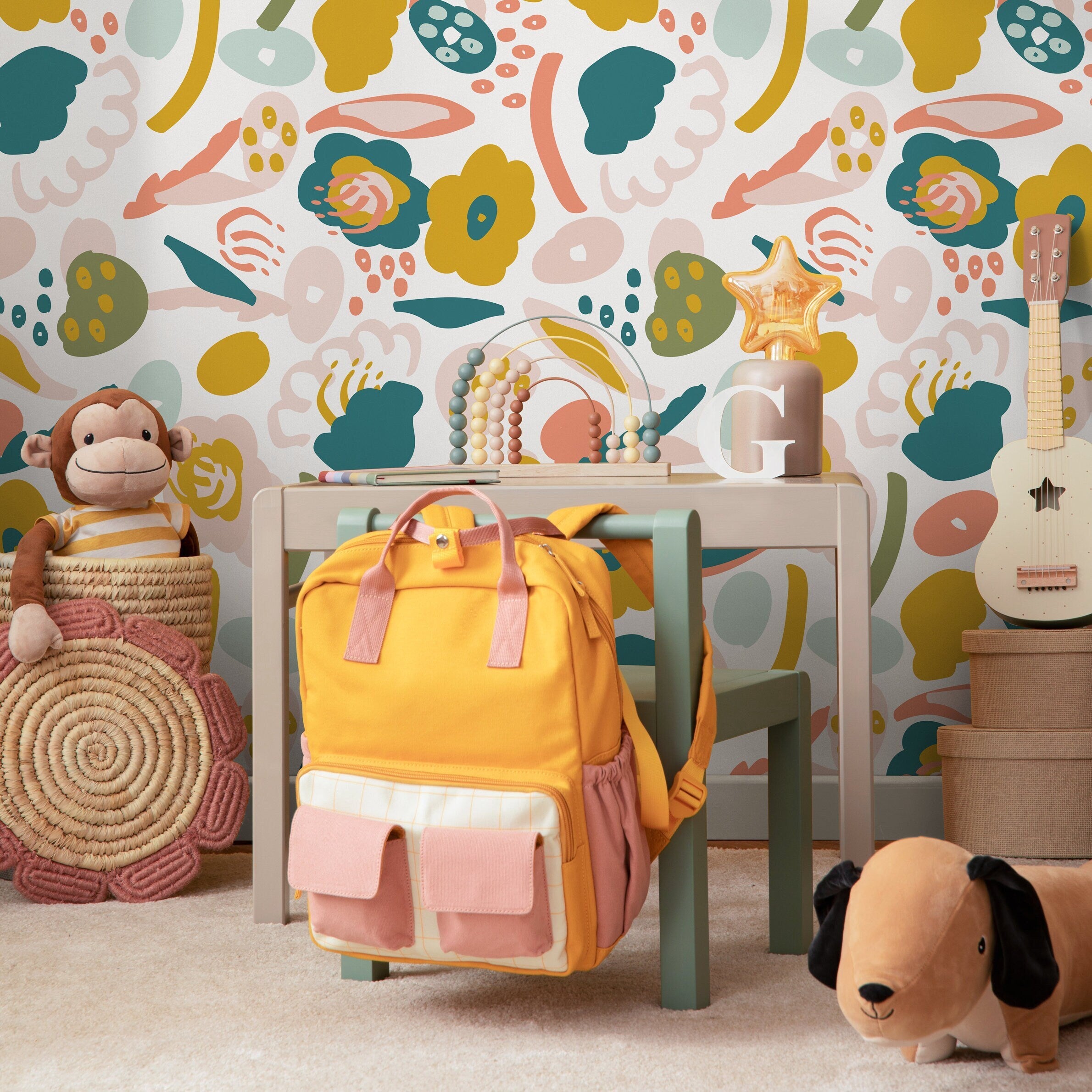 Abstract Wallpaper With A Collage Of Playful Shapes In Teal, Mustard, And Pink - B866