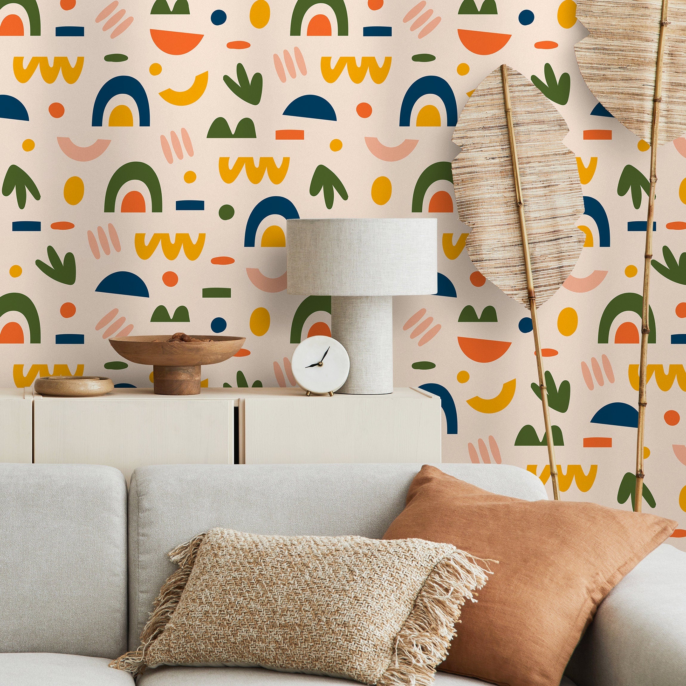 Abstract Wallpaper With Geometric Shapes In Orange, Blue, And Green - B878