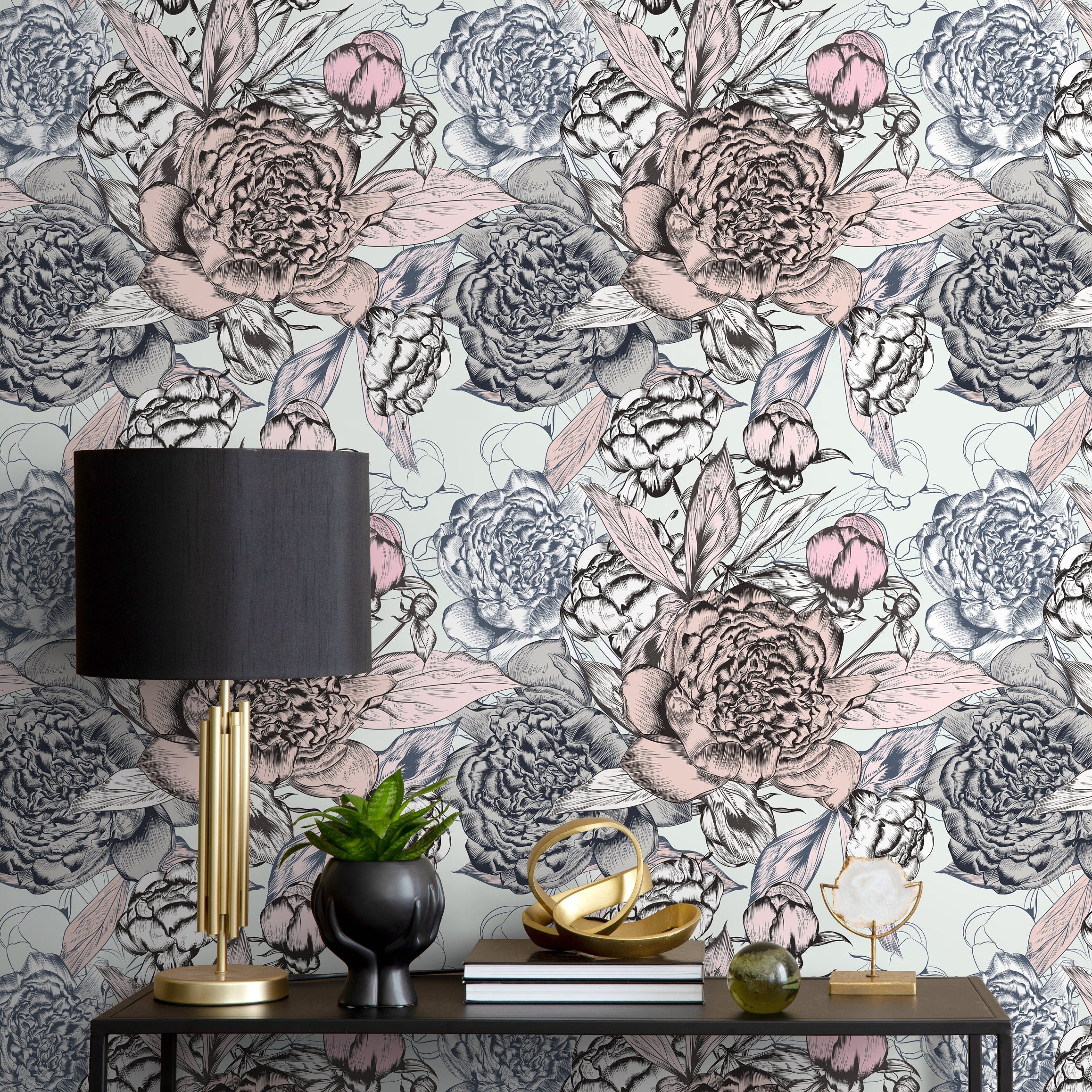 Floral Wallpaper With An Engraved Peony Design In Pink, Blue, And Black - B879