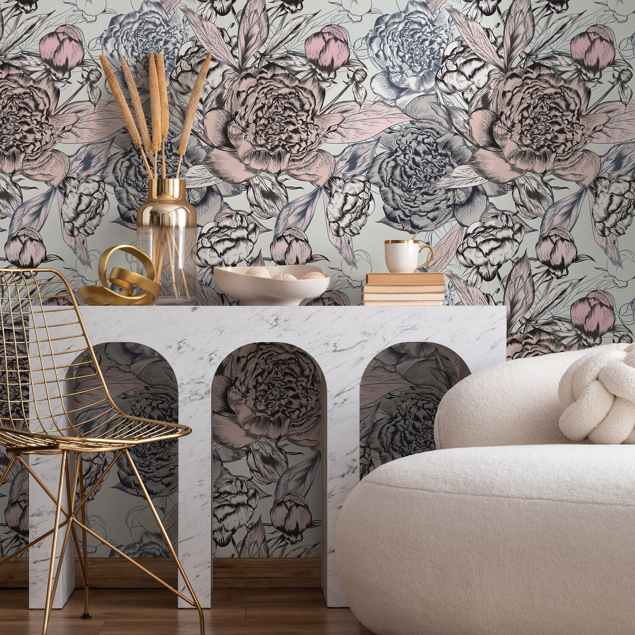 Floral Wallpaper With An Engraved Peony Design In Pink, Blue, And Black - B879
