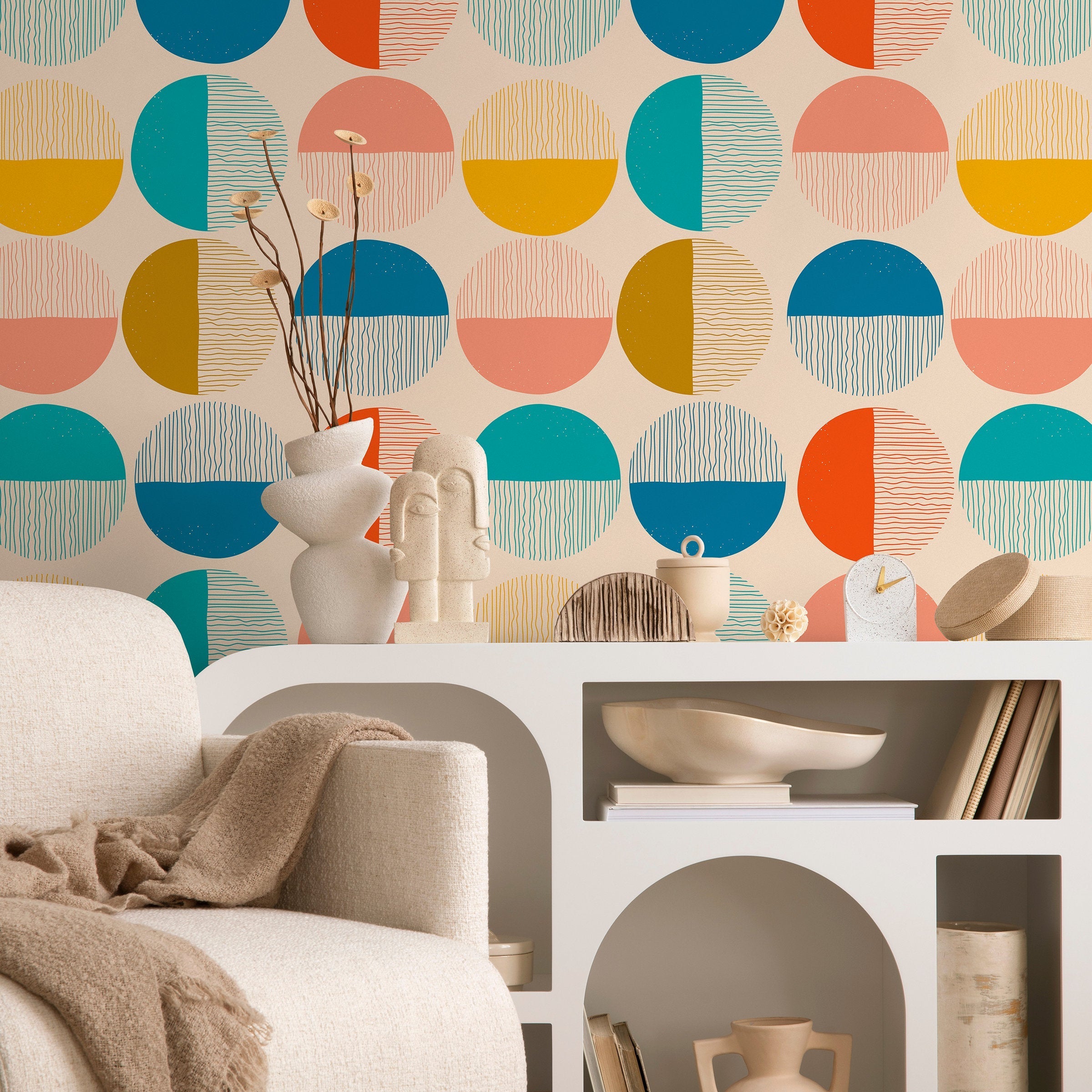 Geometric Wallpaper With Textured Half-circles In Teal, Yellow, And Pink - B889