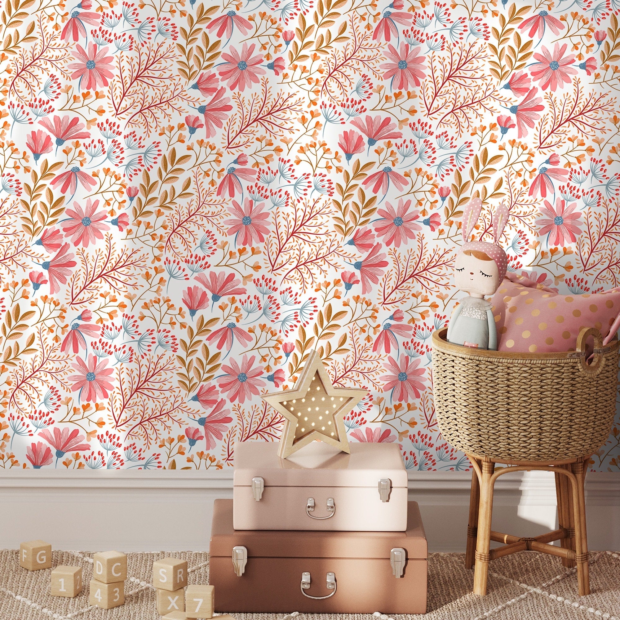 Floral Wallpaper With Stylized Wildflowers In Pink, Orange, And Blue - B896