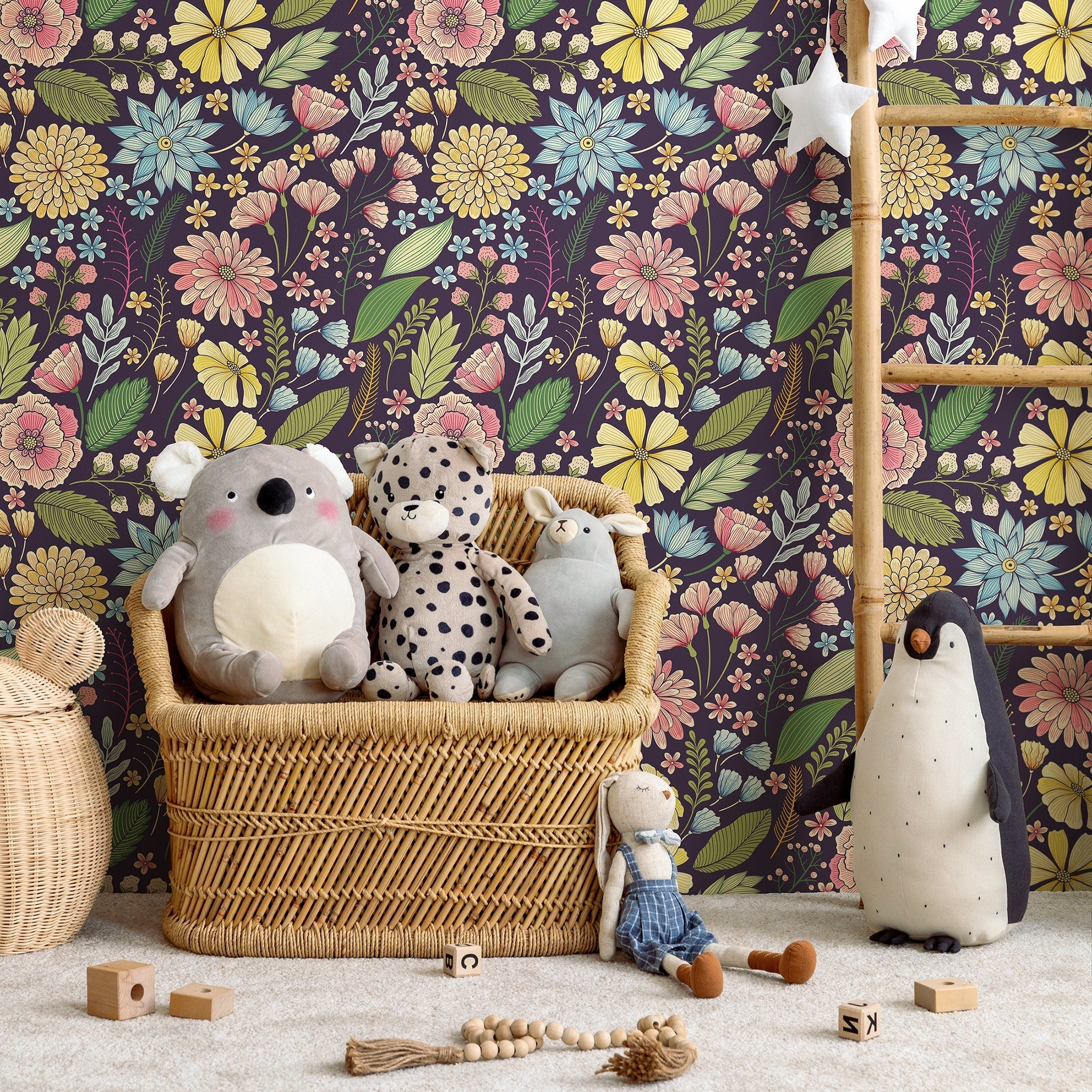 Floral Wallpaper With A Vintage Meadow Motif In Yellow, Pink, And Blue - B898