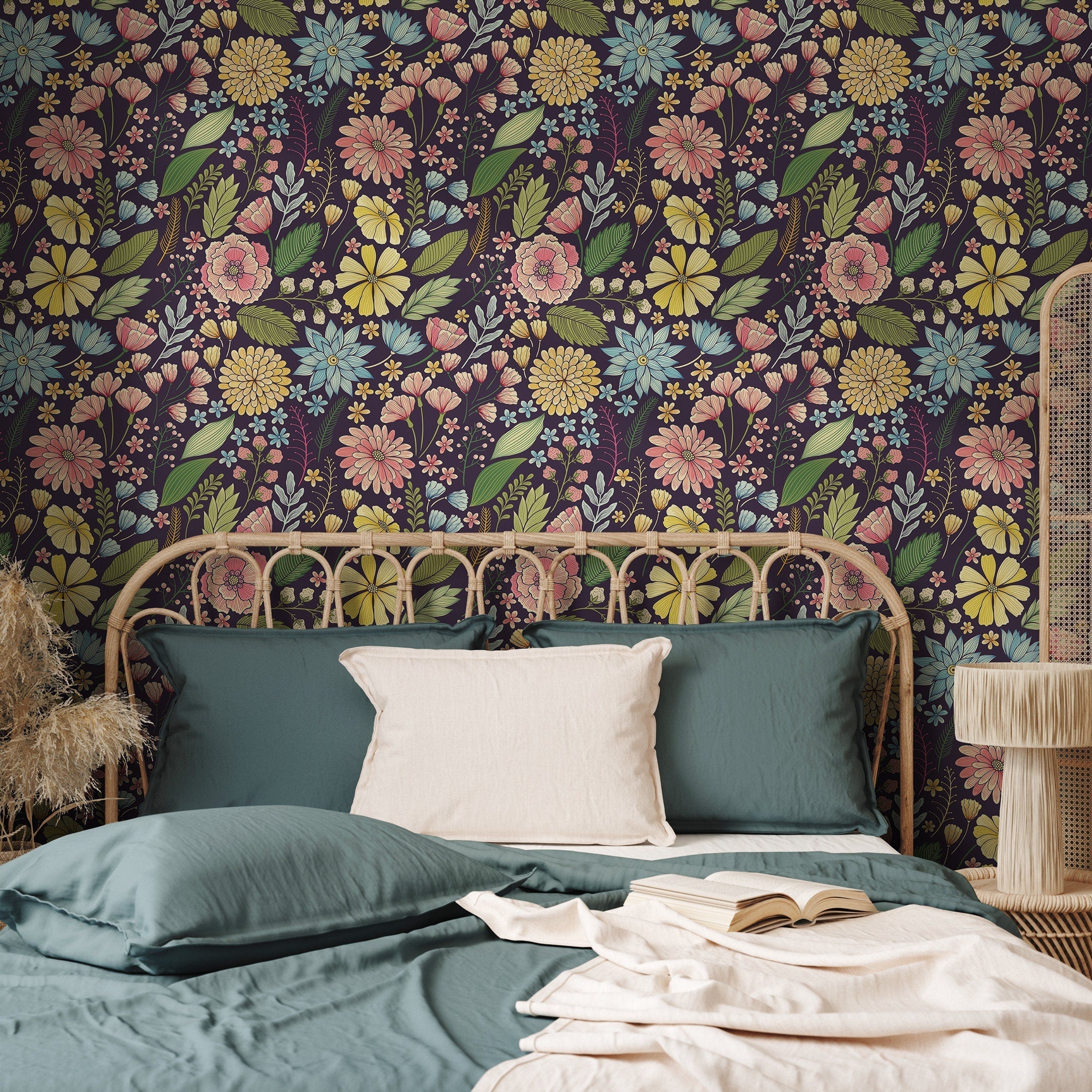 Floral Wallpaper With A Vintage Meadow Motif In Yellow, Pink, And Blue - B898