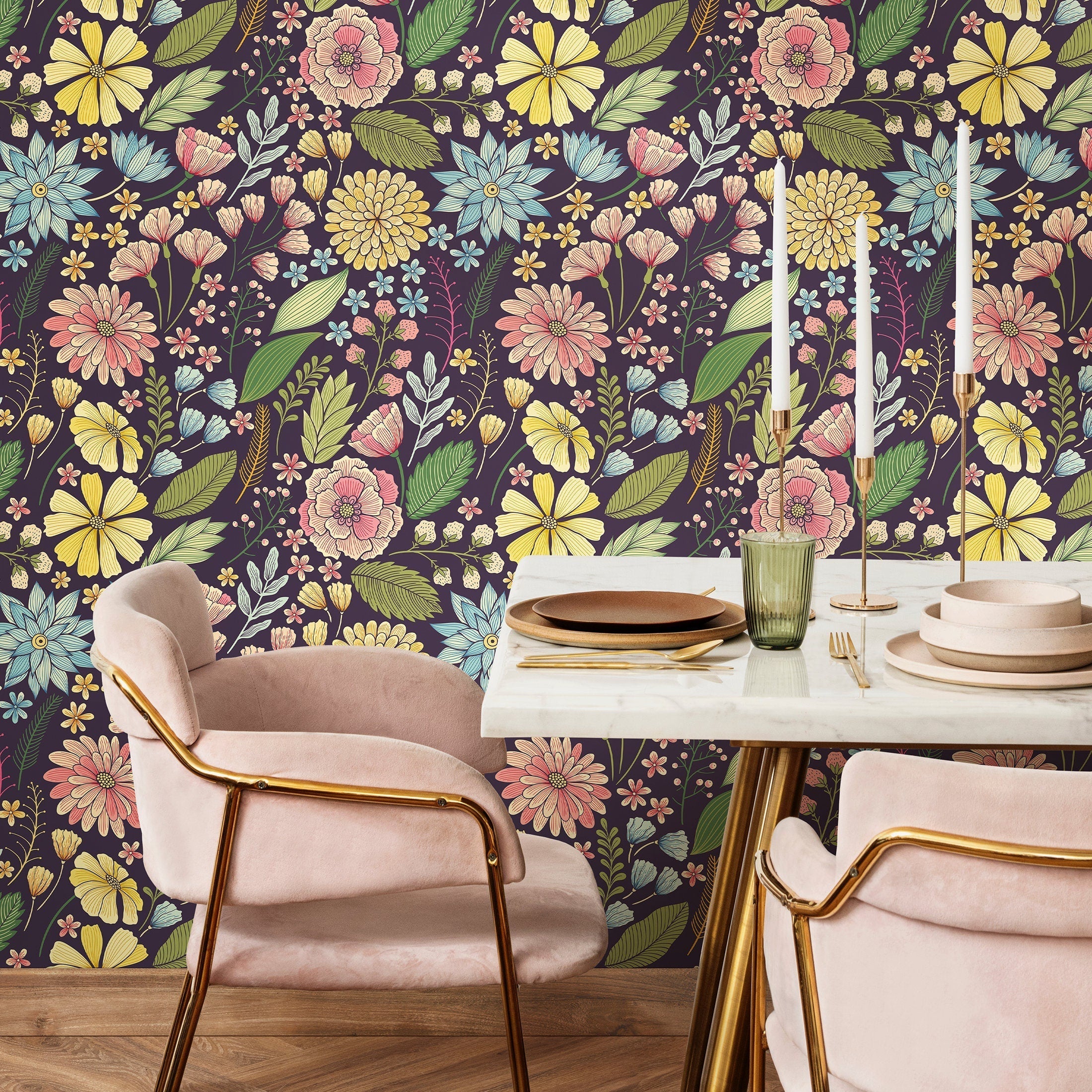Floral Wallpaper With A Vintage Meadow Motif In Yellow, Pink, And Blue - B898