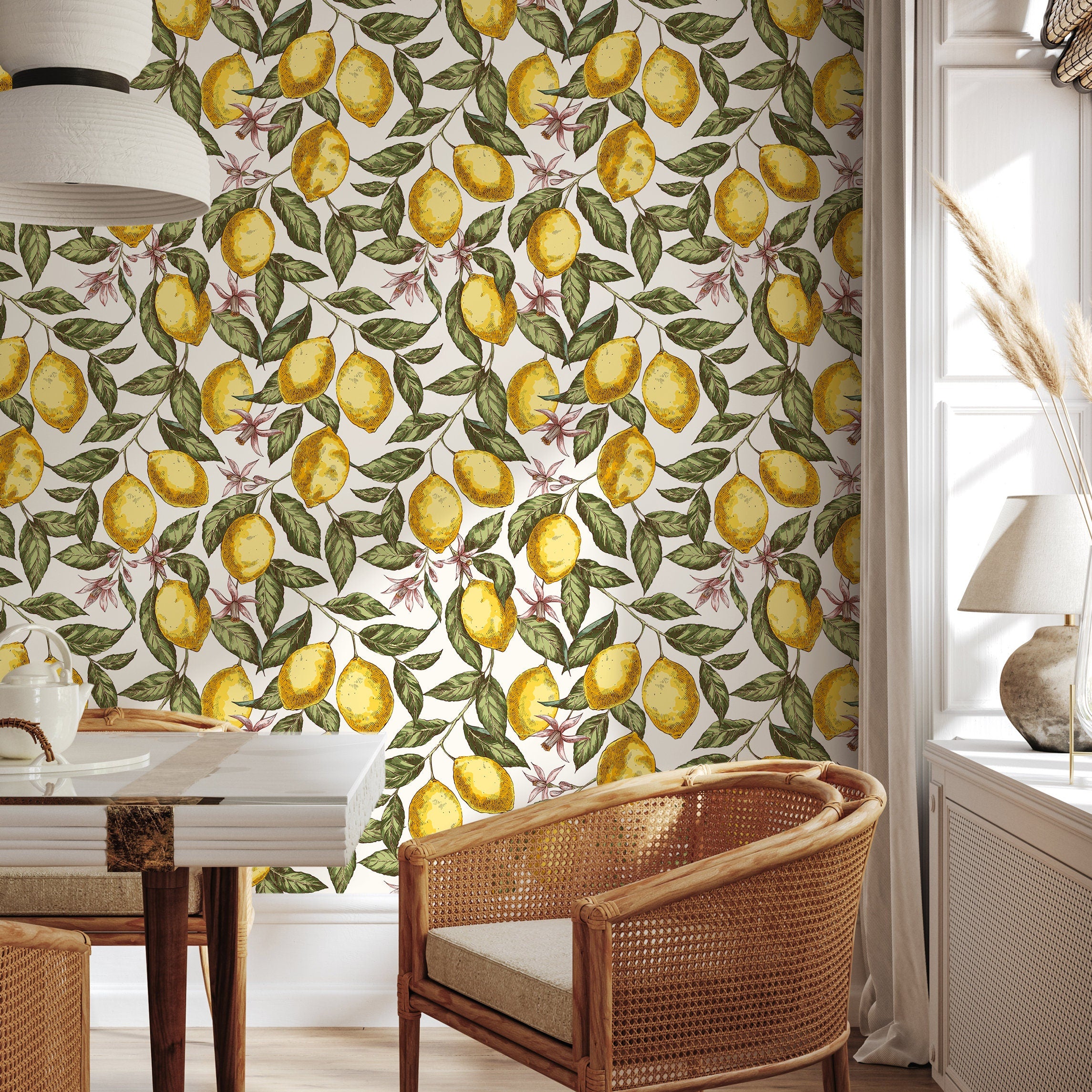 Botanical Wallpaper With A Vintage Lemon Motif In Yellow, Green, And Pink - B903