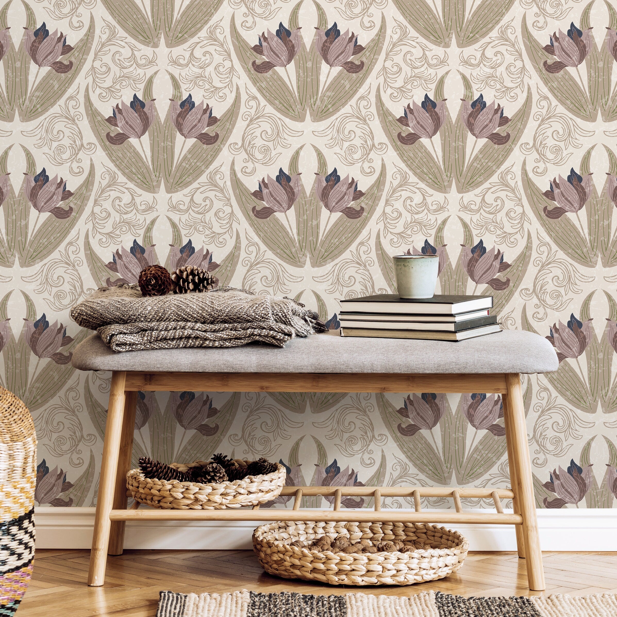 Art Nouveau Wallpaper With Stylized Tulips In Mauve, Sage, And Blue - B907