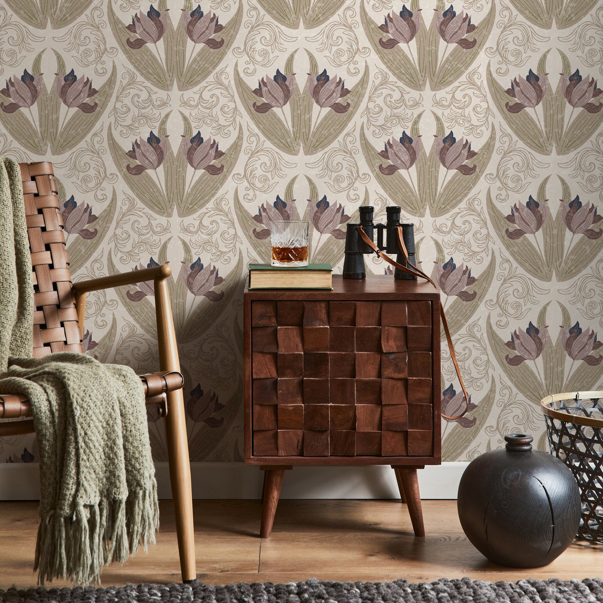 Art Nouveau Wallpaper With Stylized Tulips In Mauve, Sage, And Blue - B907