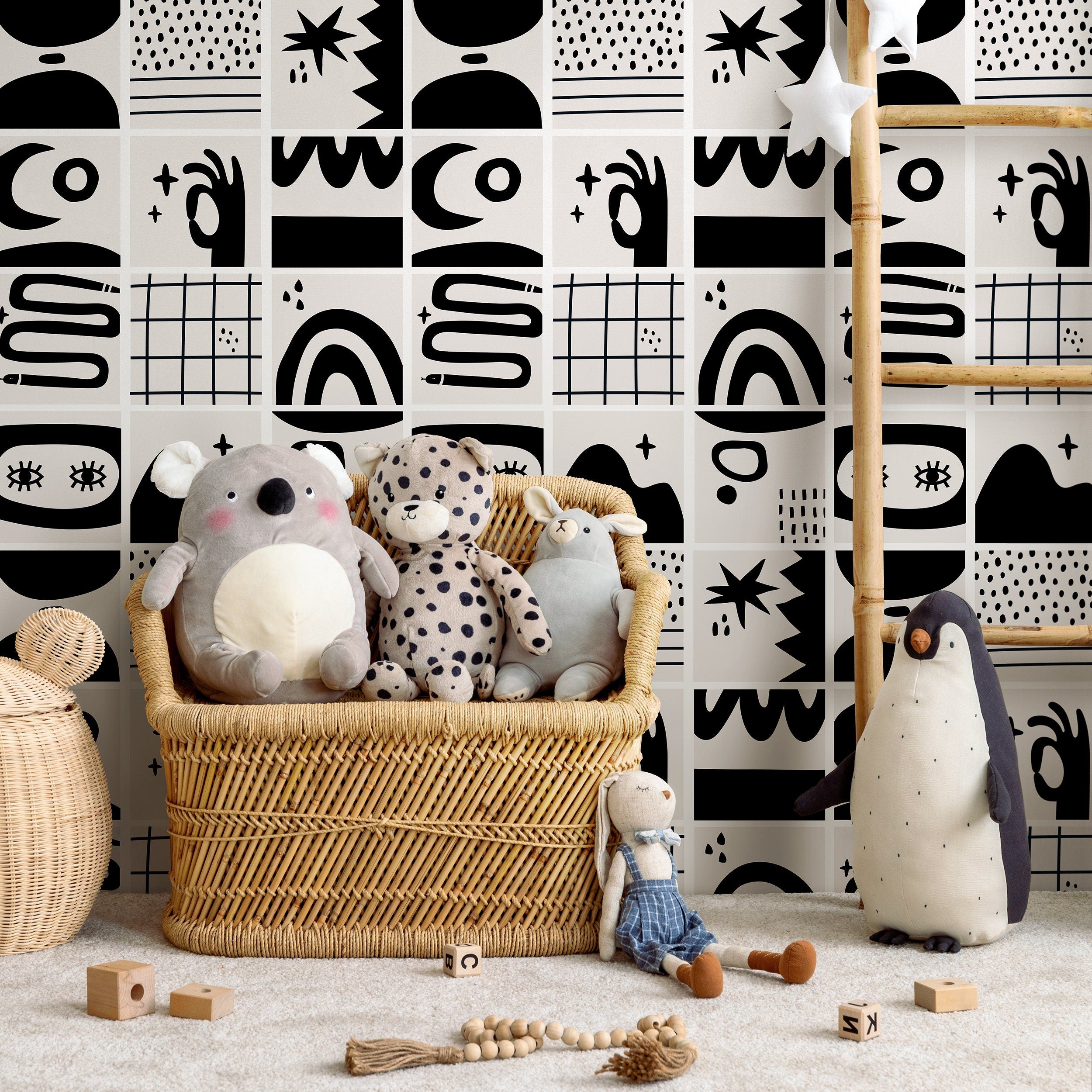 Abstract Wallpaper With Tiled Hand-drawn Motifs In Black And Light Gray - B923