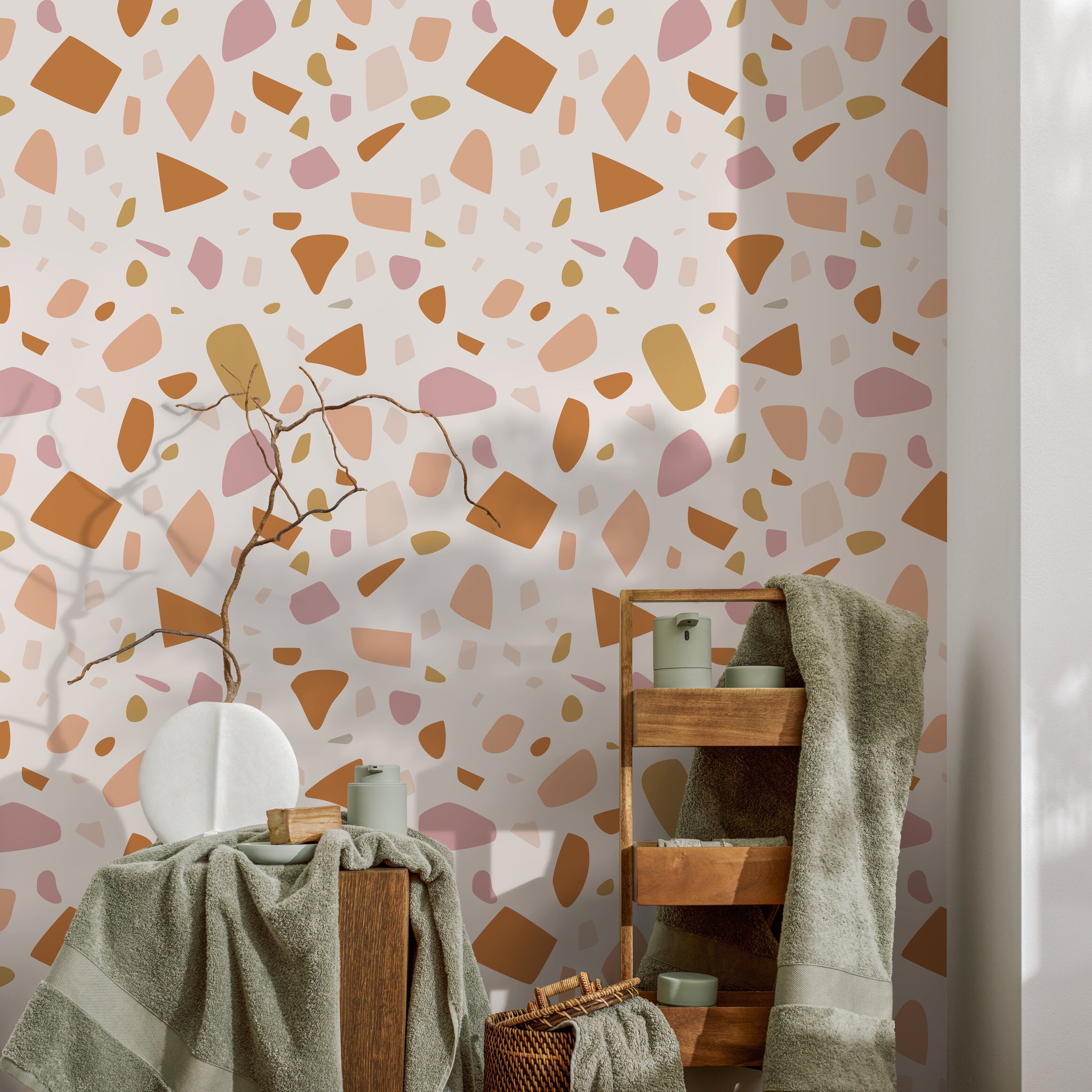 Terrazzo Wallpaper With An Organic Chip Motif In Orange, Pink, And Yellow - B933