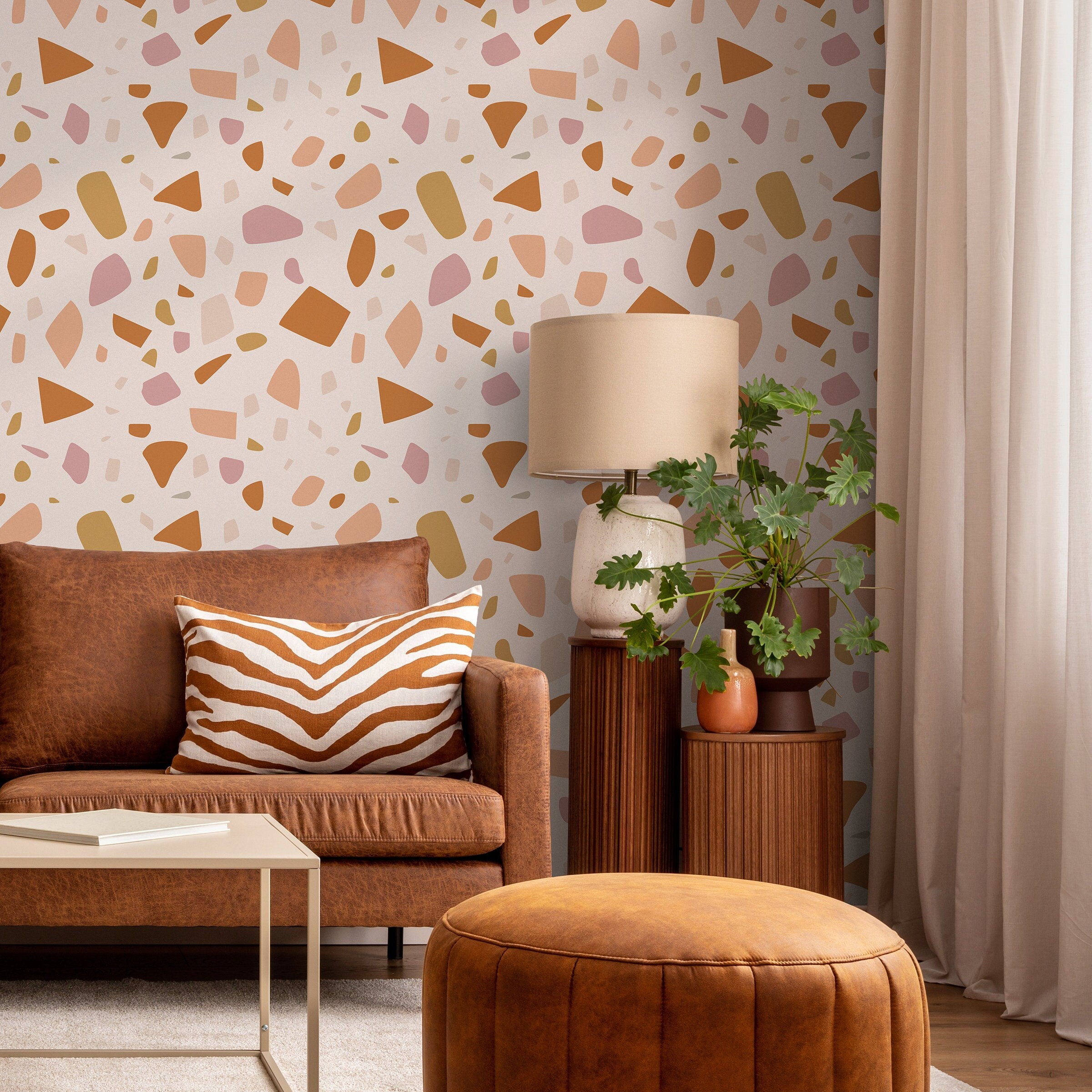 Terrazzo Wallpaper With An Organic Chip Motif In Orange, Pink, And Yellow - B933