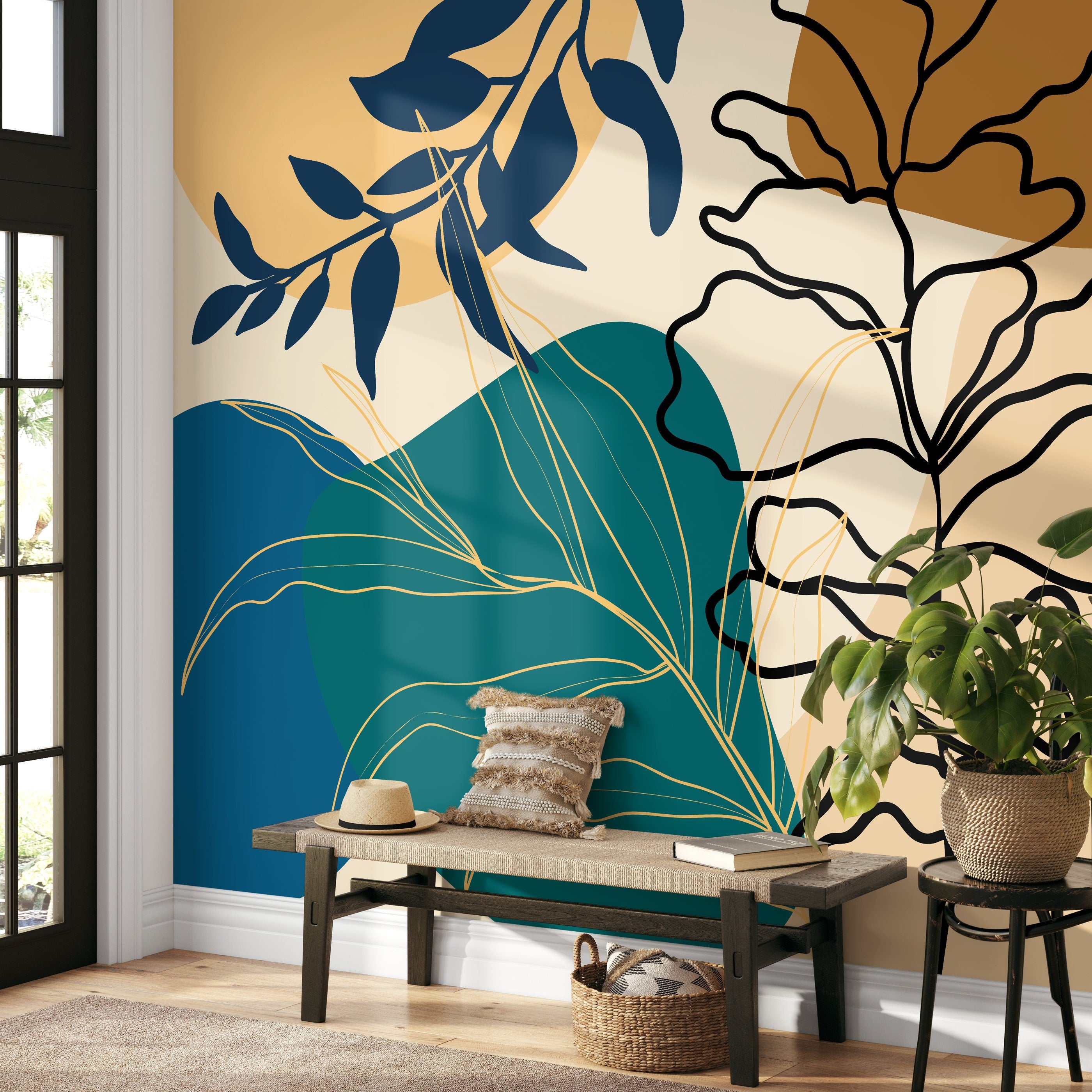 Botanical Wallpaper With Abstract Leaf Shapes In Blue, Teal, And Ochre - B951