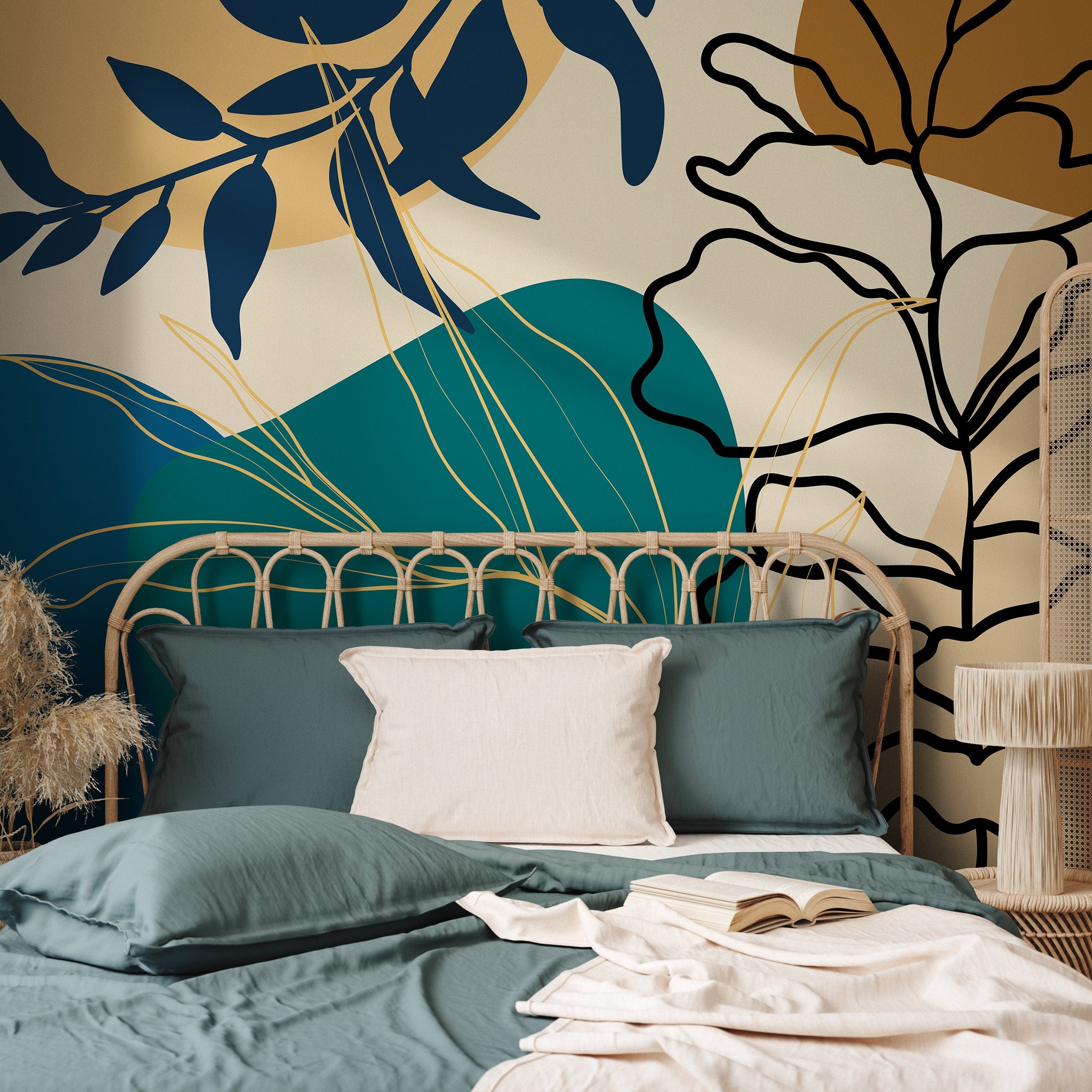 Botanical Wallpaper With Abstract Leaf Shapes In Blue, Teal, And Ochre - B951