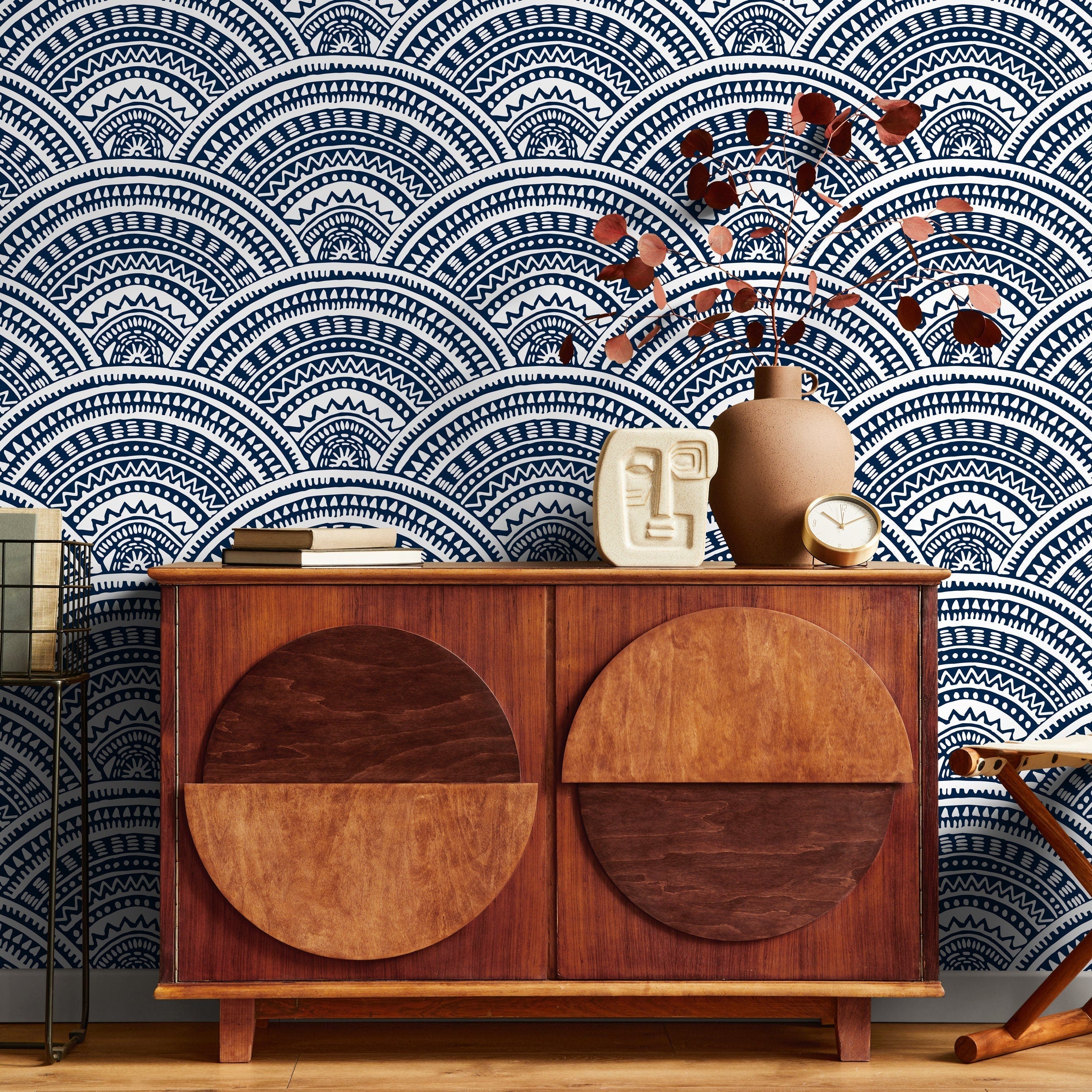 Geometric Wallpaper With A Tribal Arch Motif In Navy Blue And White - B981