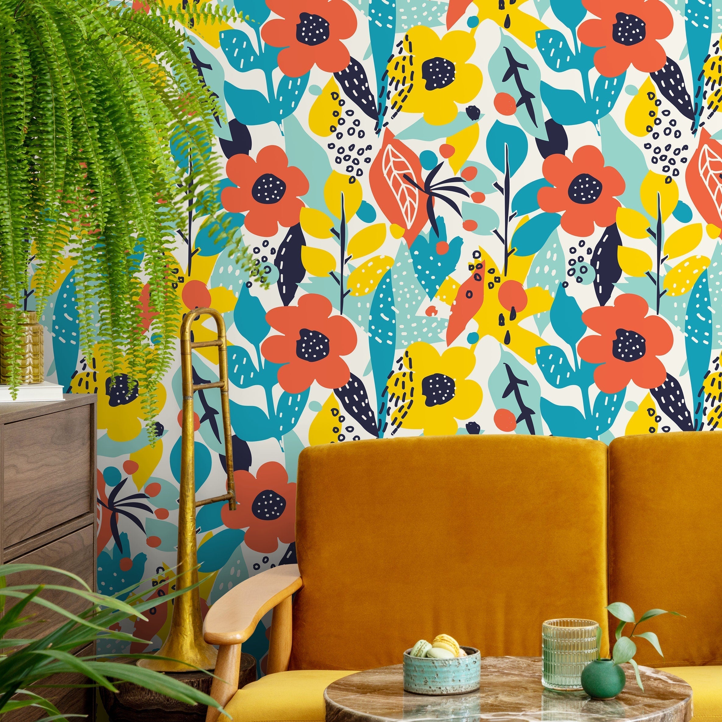 Abstract Wallpaper With Pop Art Flowers In Orange, Yellow, And Teal - B991