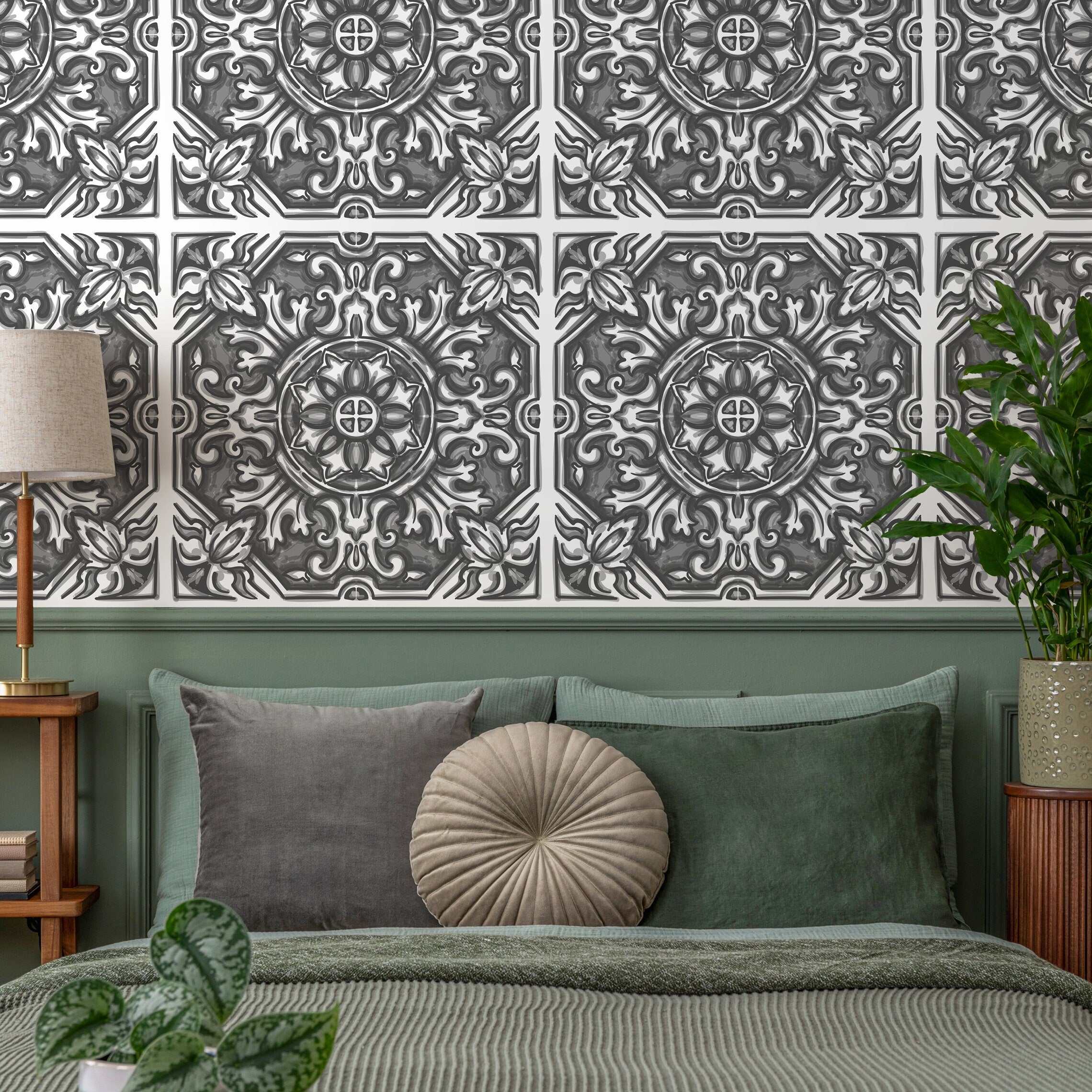 Tile Wallpaper With A Hand-sketched Baroque Motif In Black And Gray - B148
