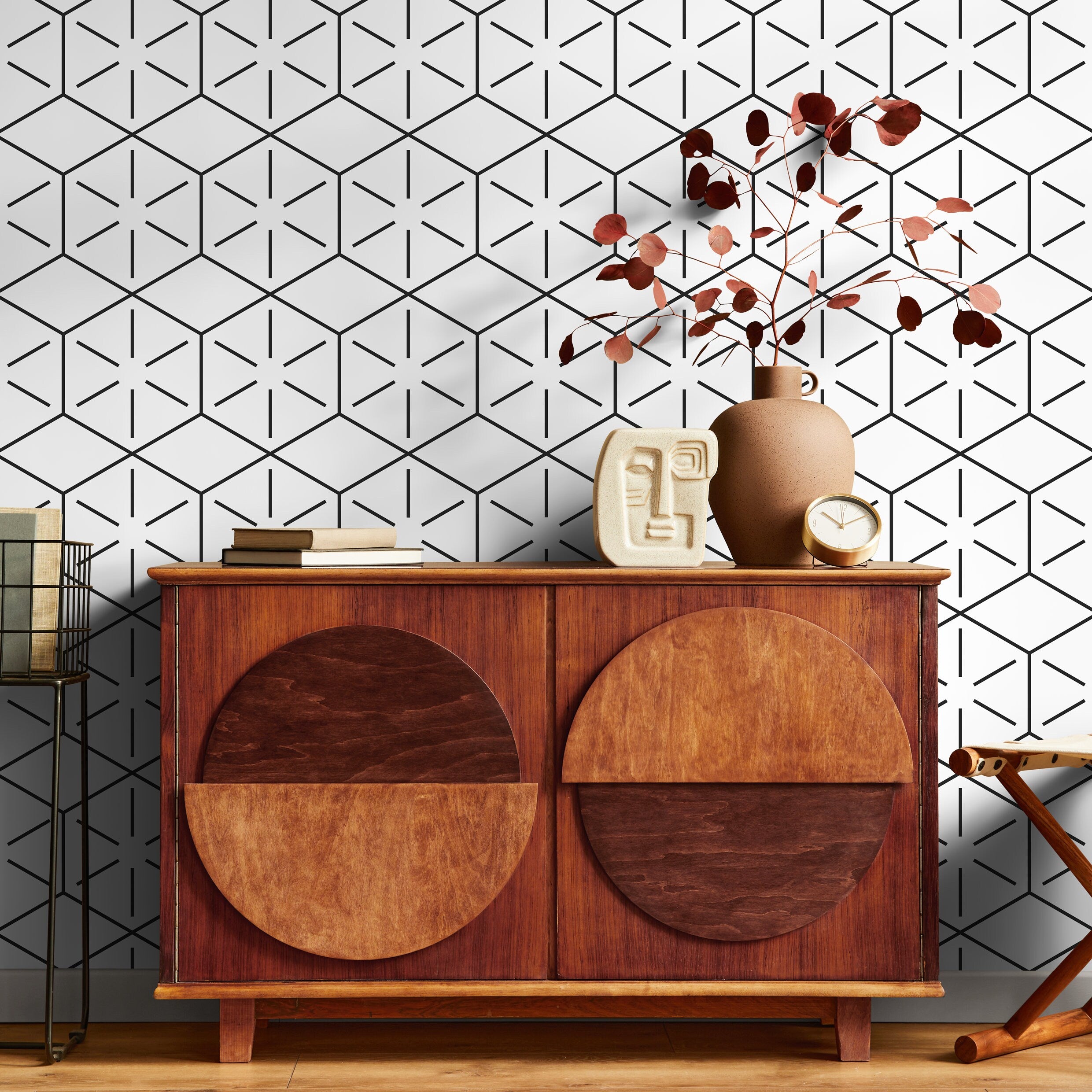 Geometric Wallpaper With A Linear Hexagon Pattern In Black - B157