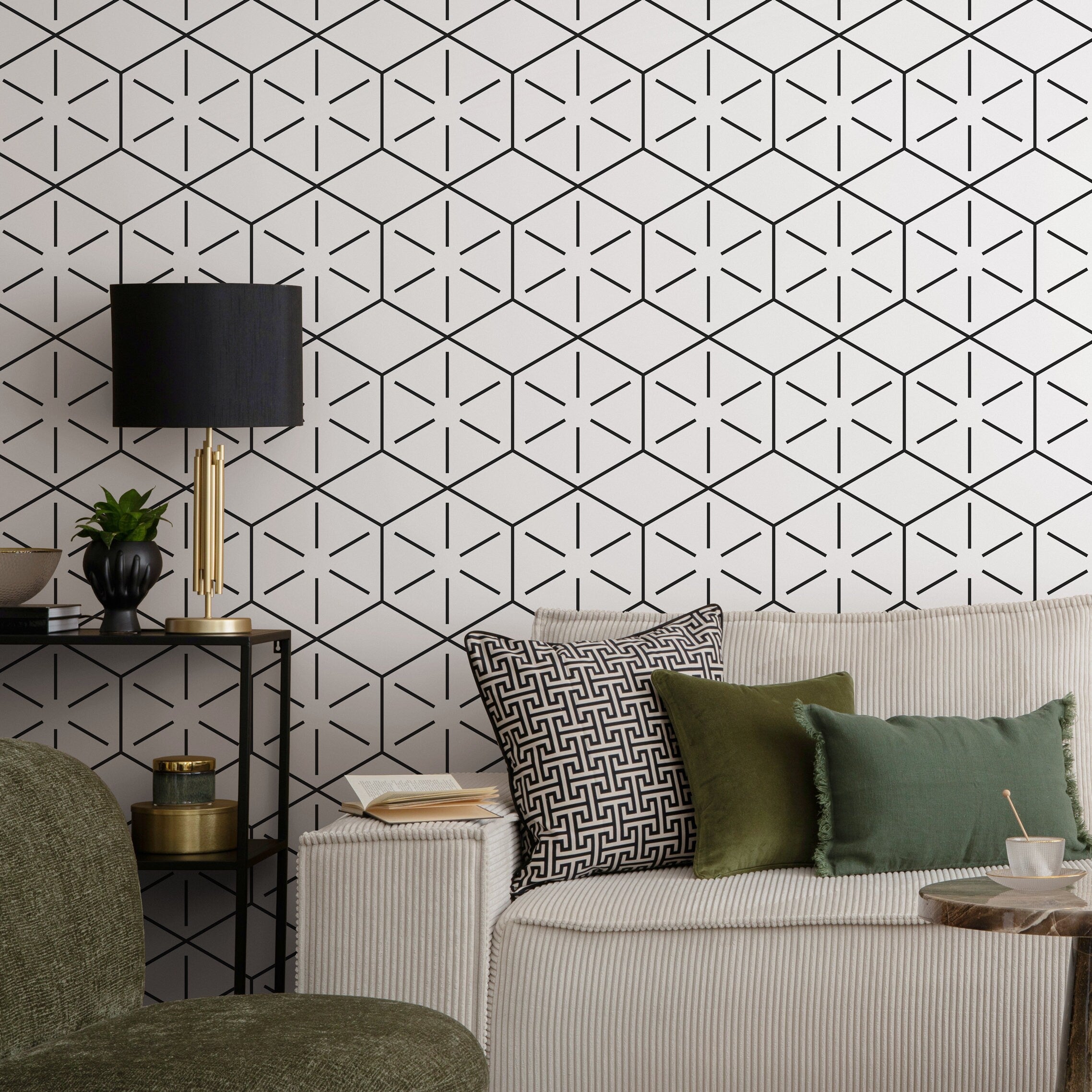 Geometric Wallpaper With A Linear Hexagon Pattern In Black - B157