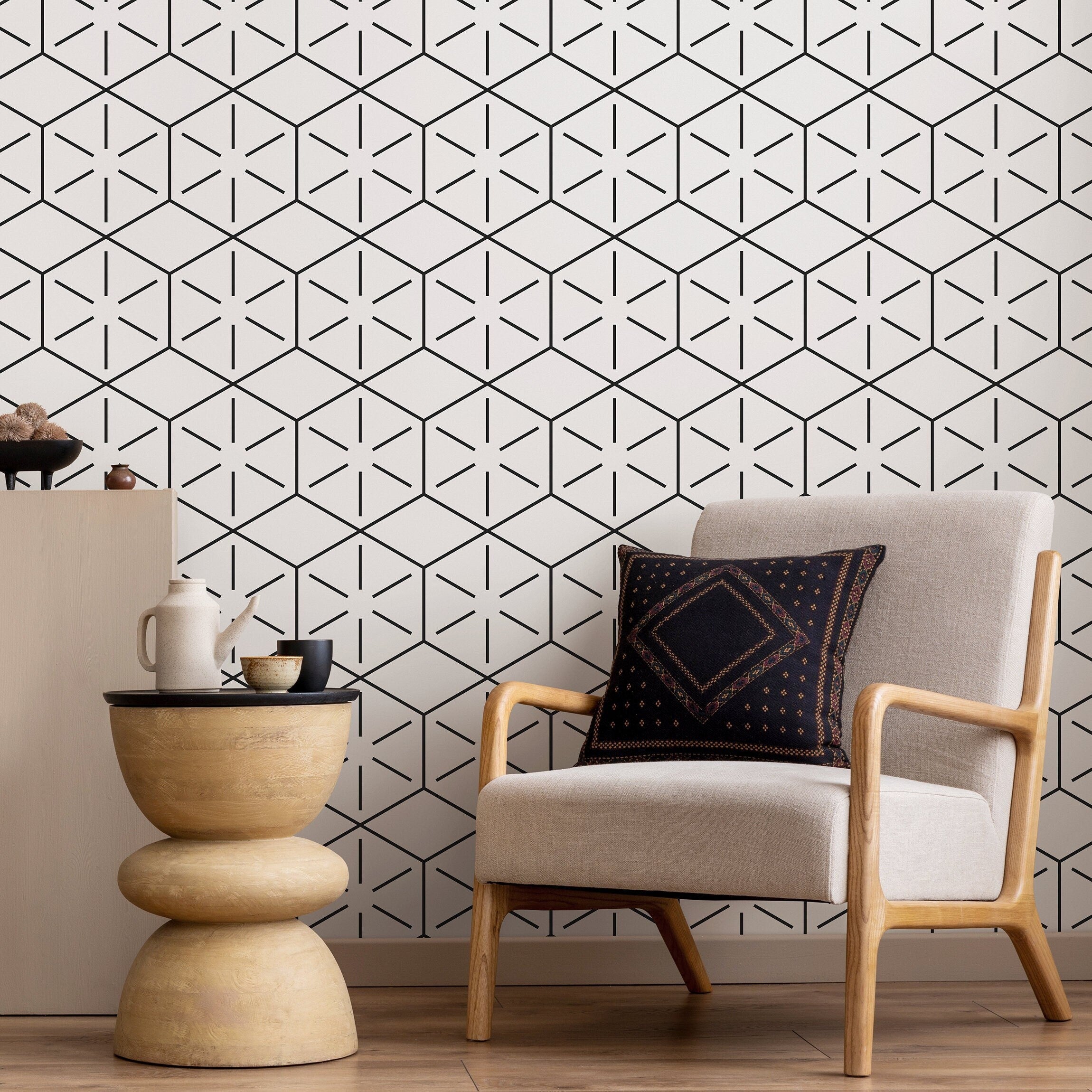 Geometric Wallpaper With A Linear Hexagon Pattern In Black - B157