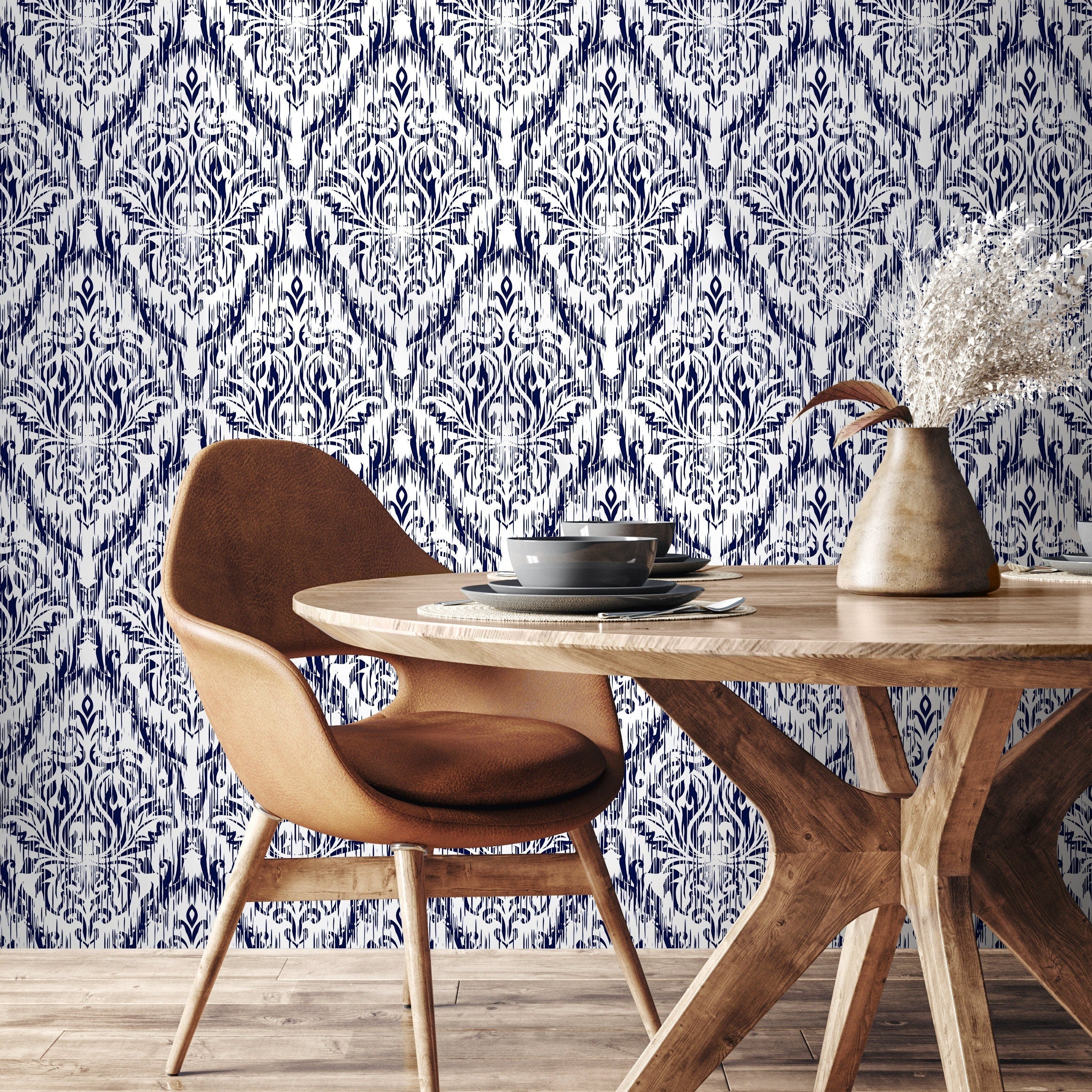 Ikat Wallpaper With A Modern Damask Motif In Navy Blue And White - B277