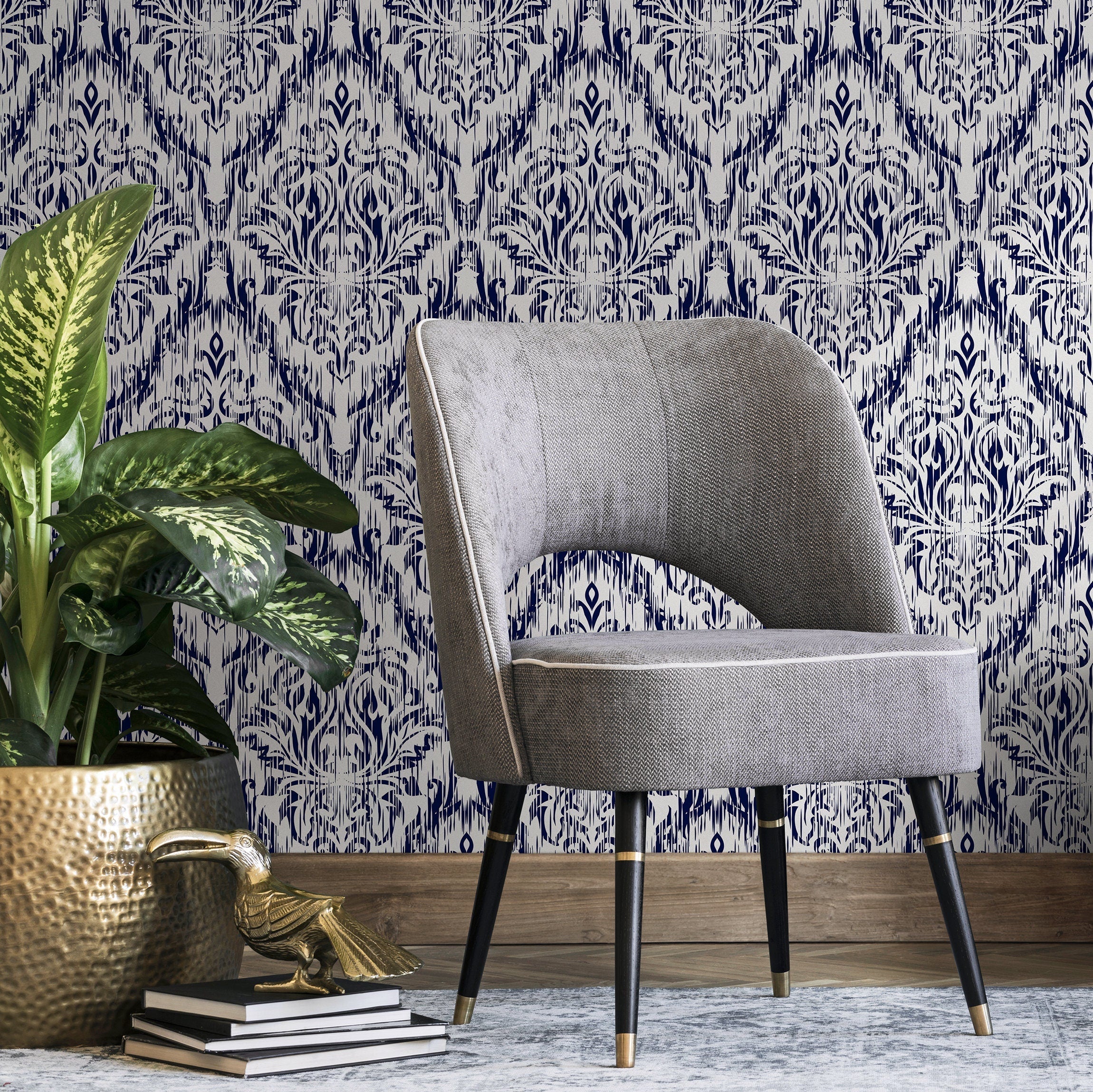 Ikat Wallpaper With A Modern Damask Motif In Navy Blue And White - B277