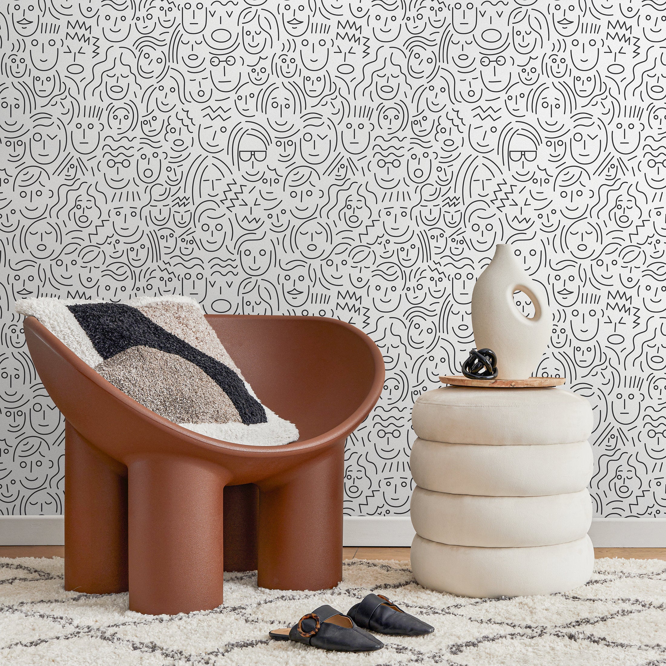 Abstract Wallpaper With A Pattern Of Doodled Faces In Black And White - B280