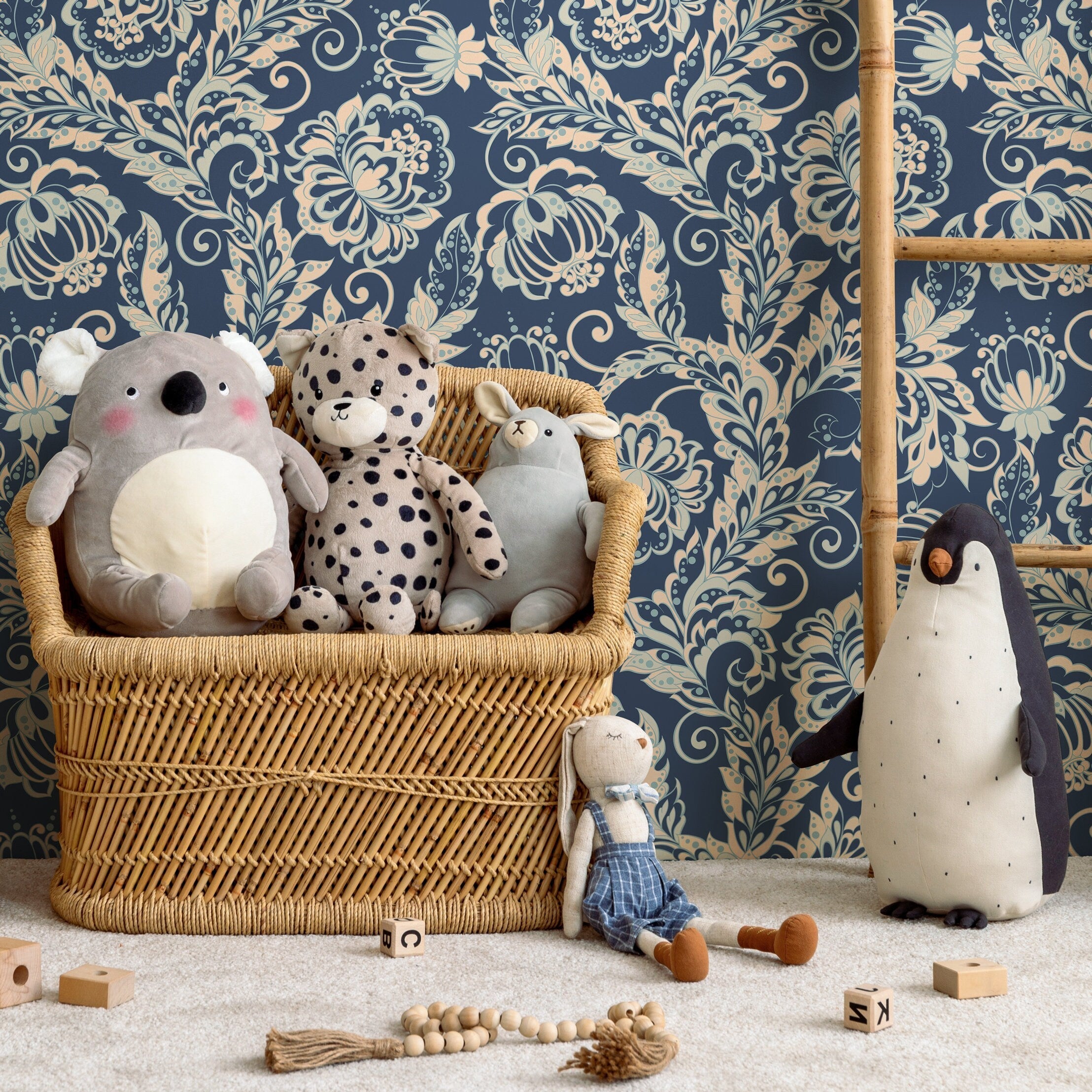 Floral Wallpaper With A Vintage Ornamental Style In Navy, Beige, And Blue - B286