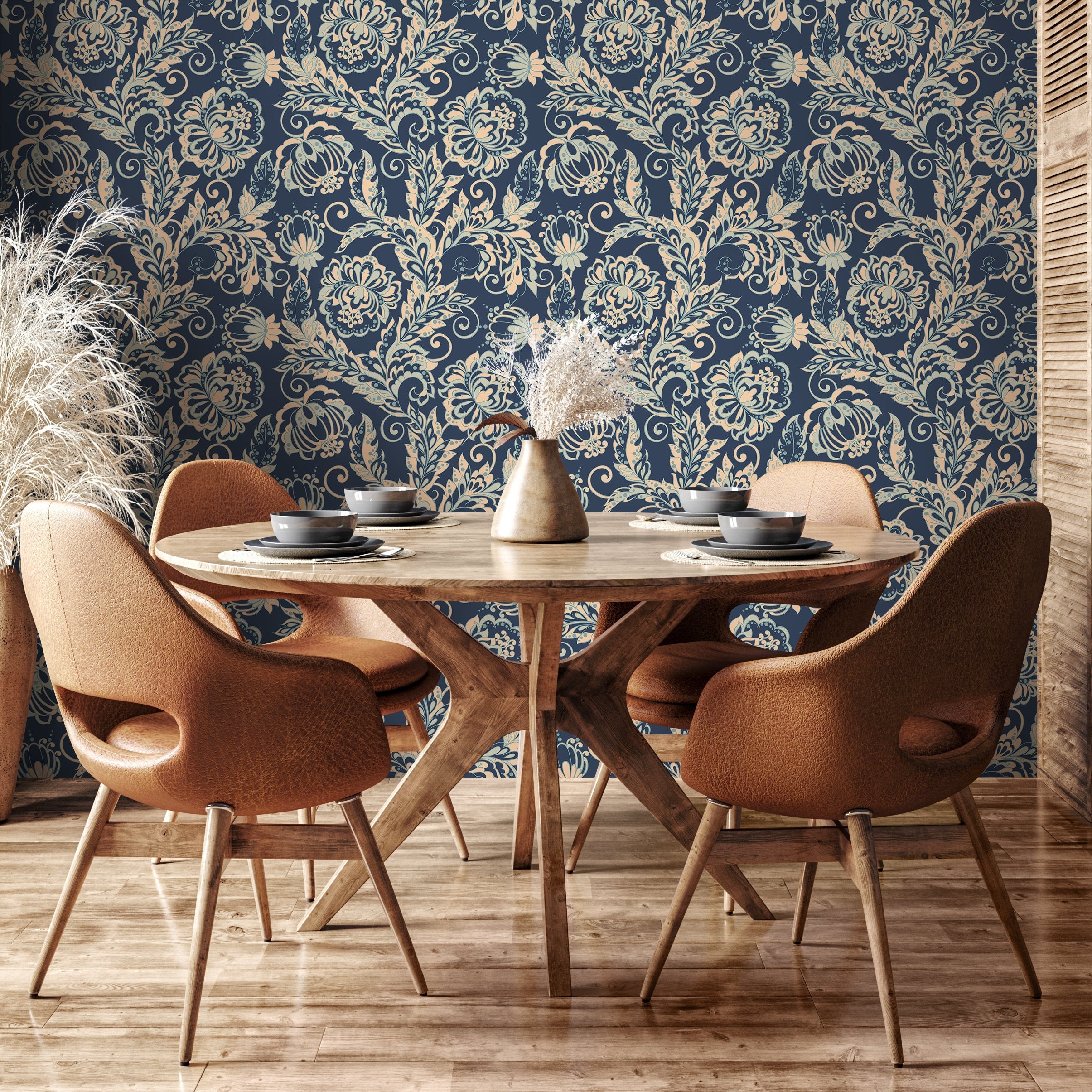 Floral Wallpaper With A Vintage Ornamental Style In Navy, Beige, And Blue - B286