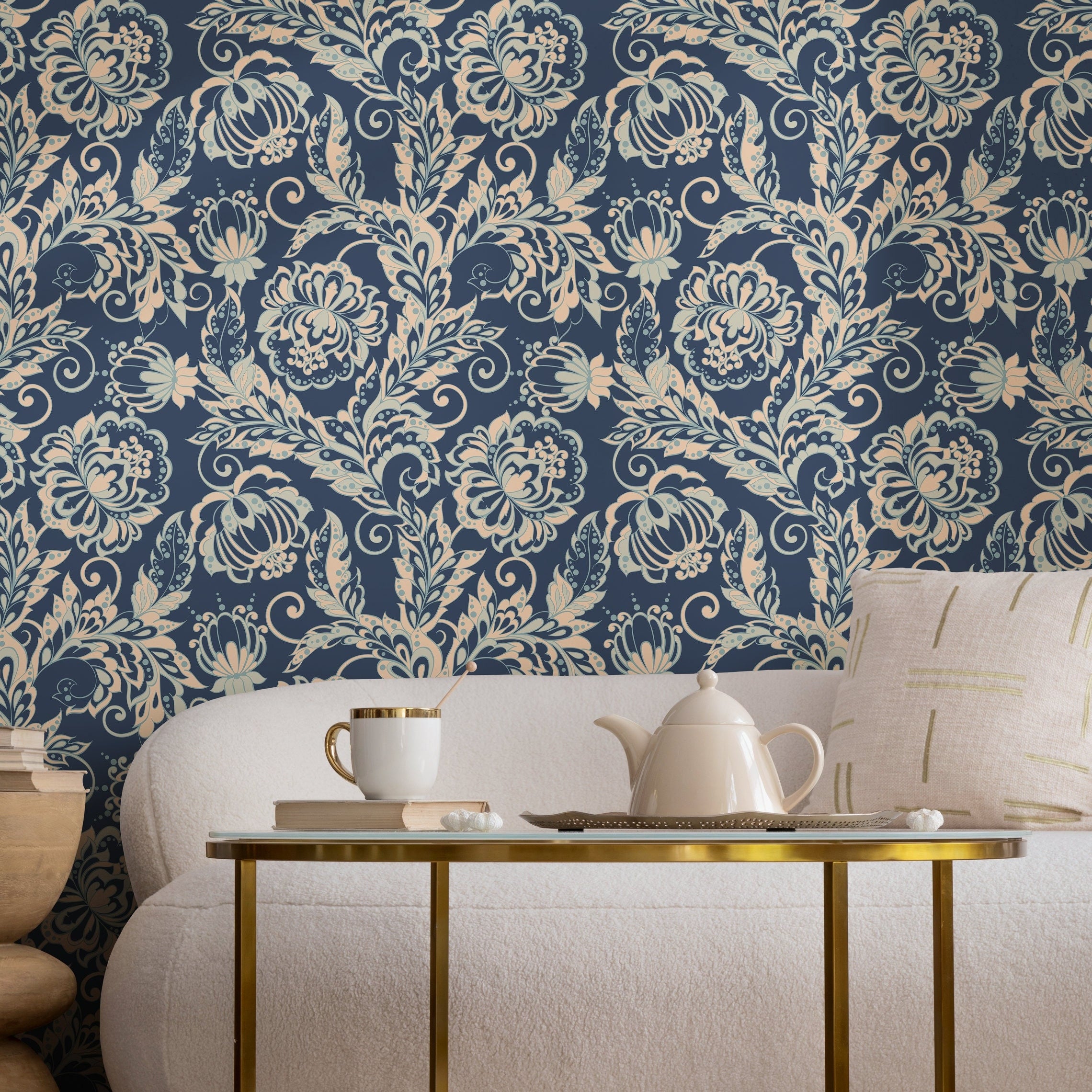 Floral Wallpaper With A Vintage Ornamental Style In Navy, Beige, And Blue - B286