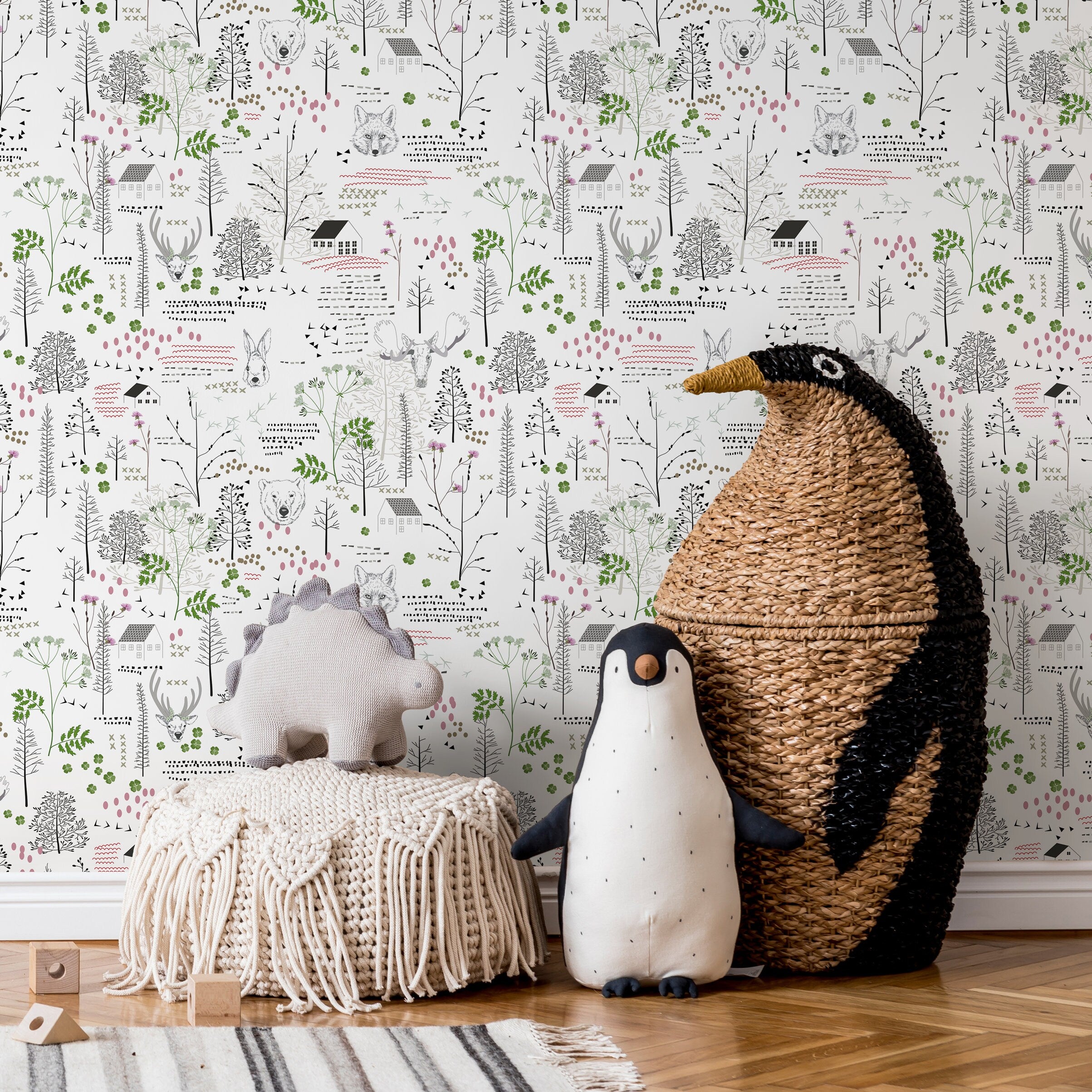 Woodland Wallpaper With Folk Art Forest Animals In Black, Green, And Pink - B290