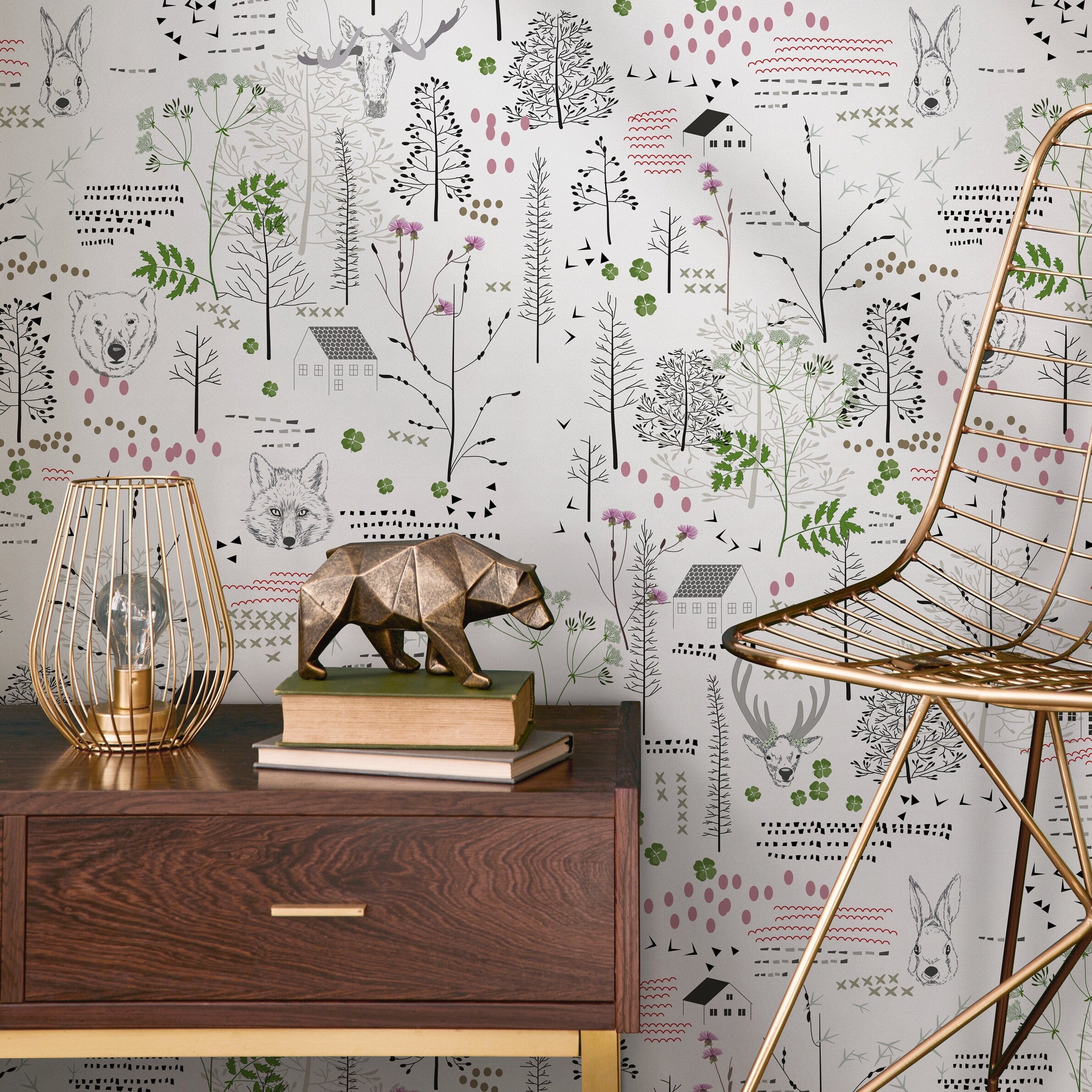 Woodland Wallpaper With Folk Art Forest Animals In Black, Green, And Pink - B290