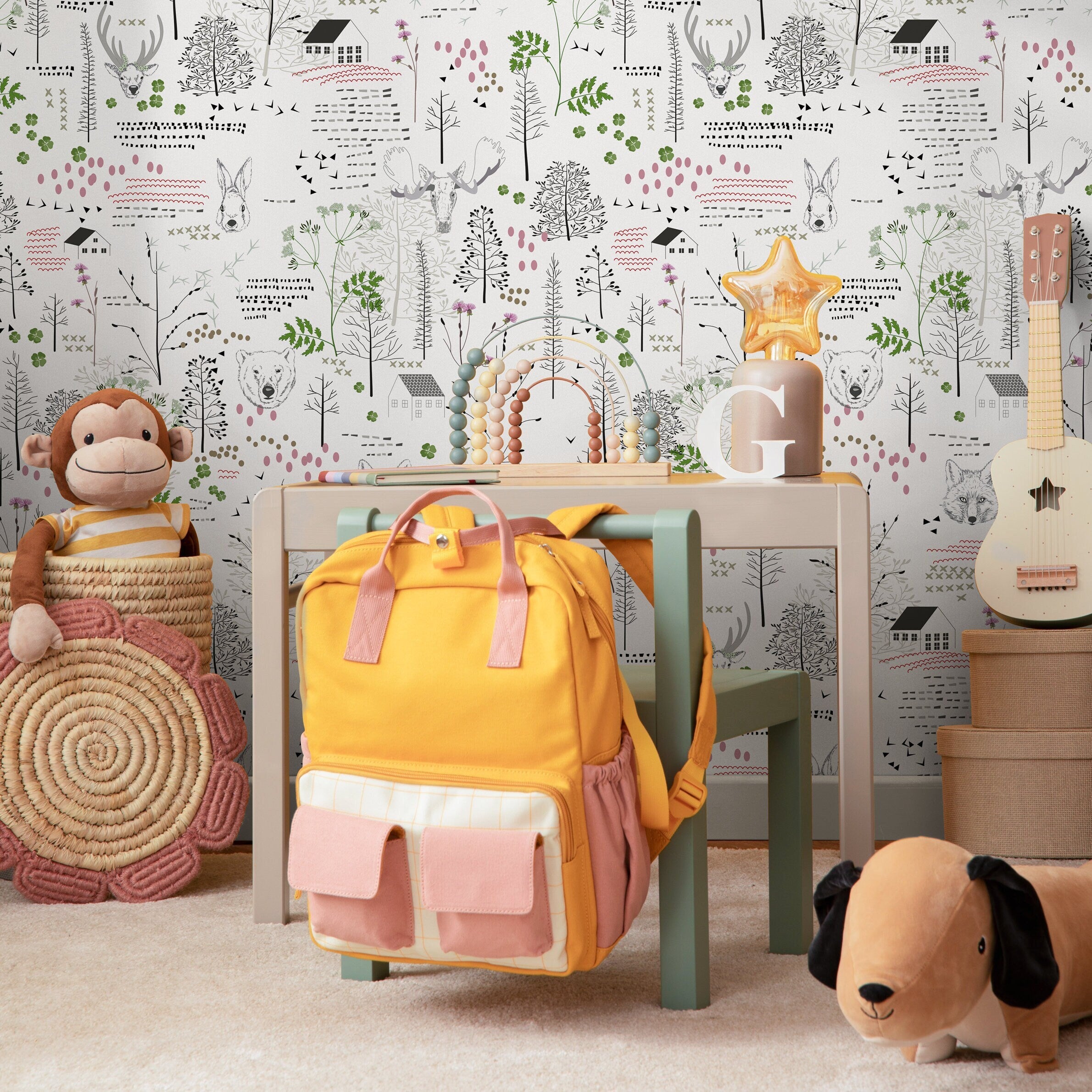 Woodland Wallpaper With Folk Art Forest Animals In Black, Green, And Pink - B290