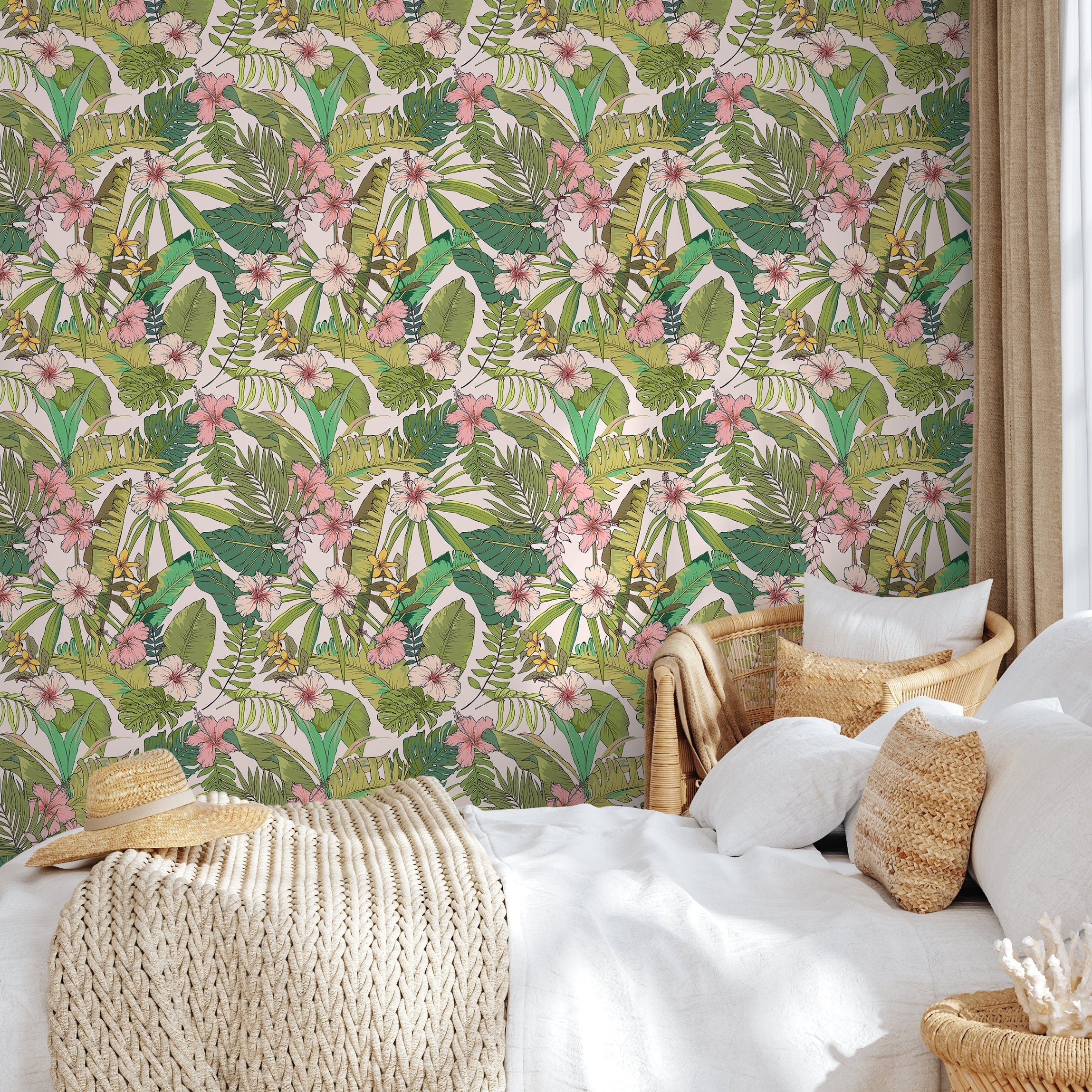 Tropical Wallpaper With Hibiscus And Palm Leaves In Pink, Green, And Yellow - B291