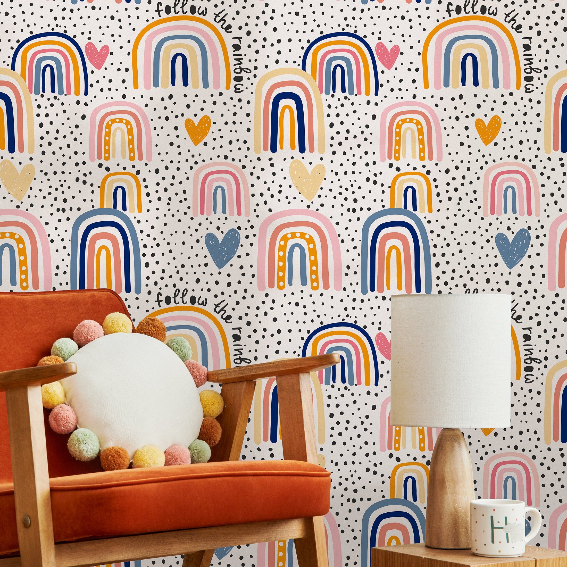Kids Wallpaper With Hand-drawn Rainbows And Hearts In Pink, Blue, And Orange - B299